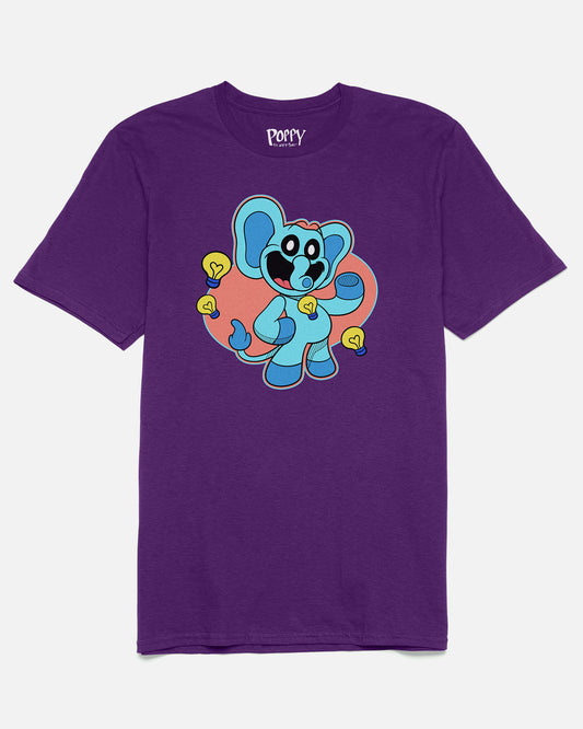 bubba bubbaphant smiling critters tee. image: blue elephant with lightbulb charm. lightbulbs around it.