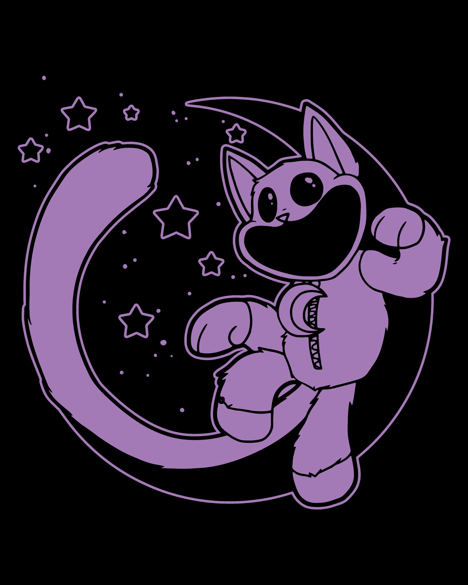 image on shirt: catnap plush sitting on moon. stars behind him.