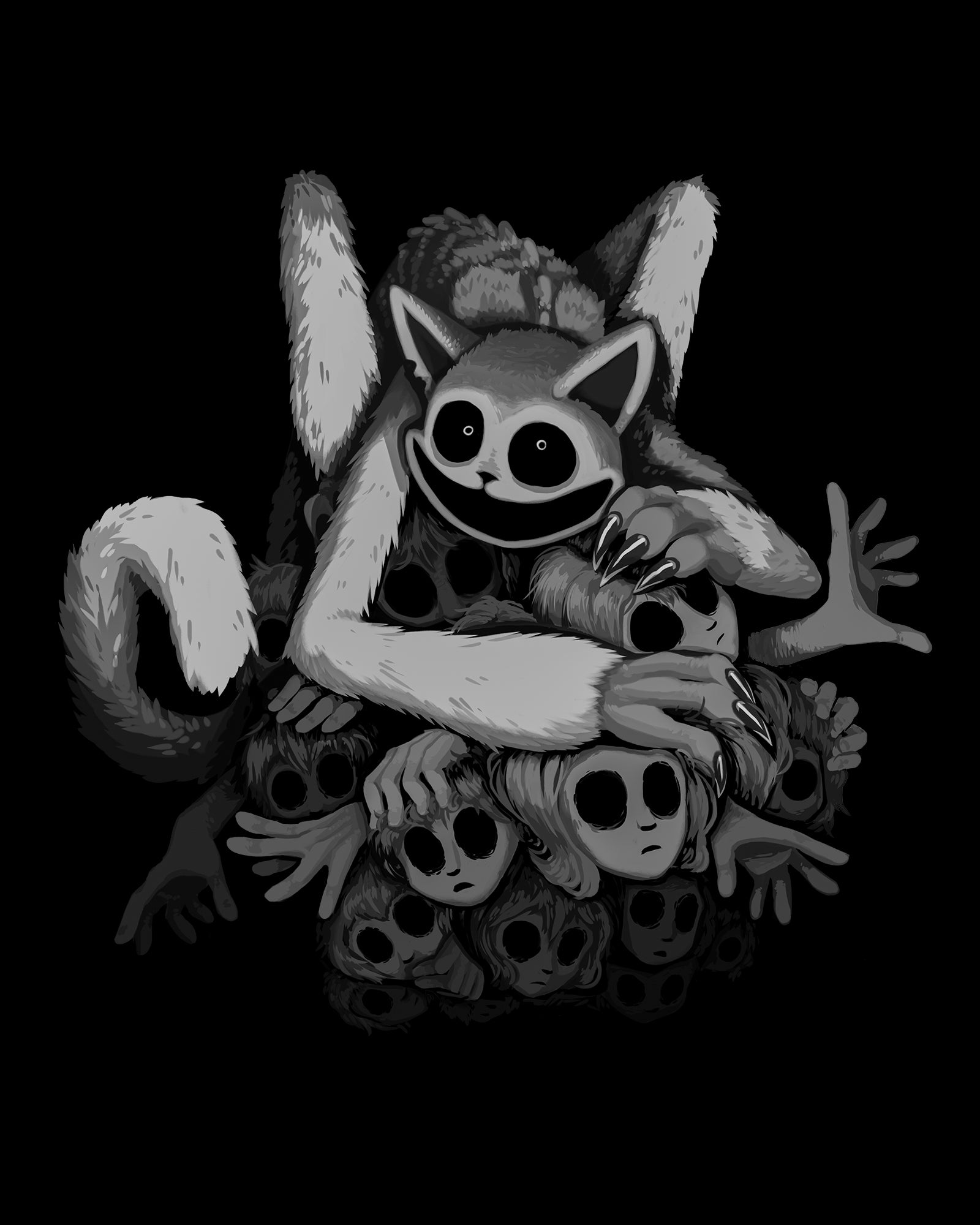image on shirt: monster catnap sitting on pile of girl and boy kids faces with their hands reaching out. their eyes are empty.