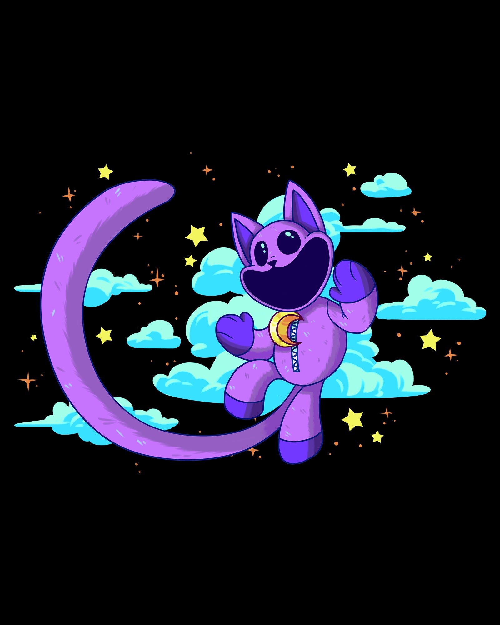 image on shirt: catnap plush in nighttime sky. clouds and stars behind him.