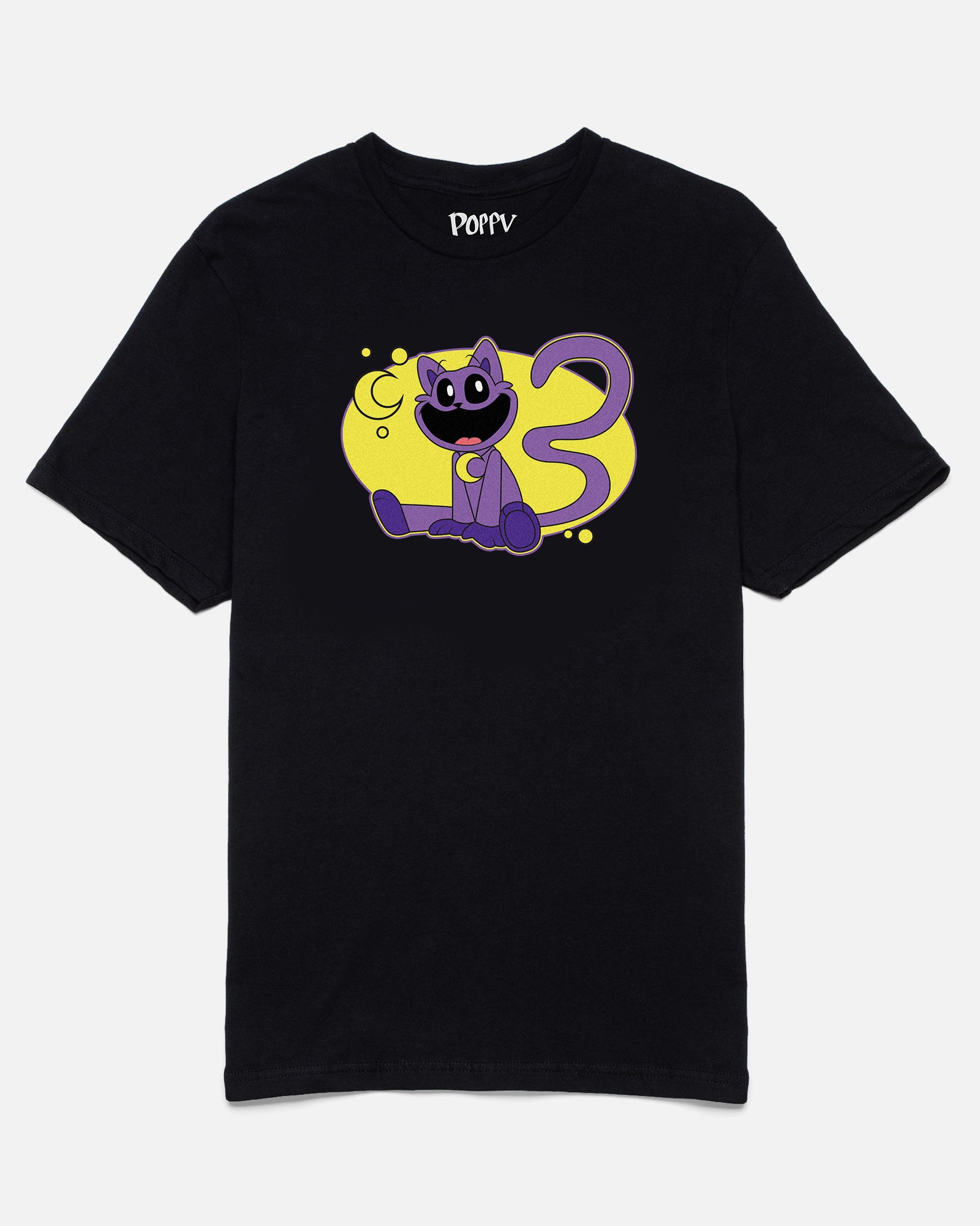 catnap smiling critters tee. image: cat sitting down with long tail wearing moon charm. moon and spots around him.