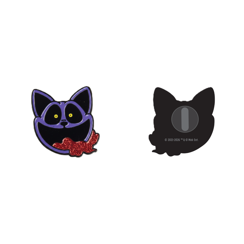 A cartoon cat face enamel pin shown from both sides on a plain white background. The front shows a purple cat head with yellow eyes and a red glittery tongue, while the back is black with a circular metal loop for attachment.