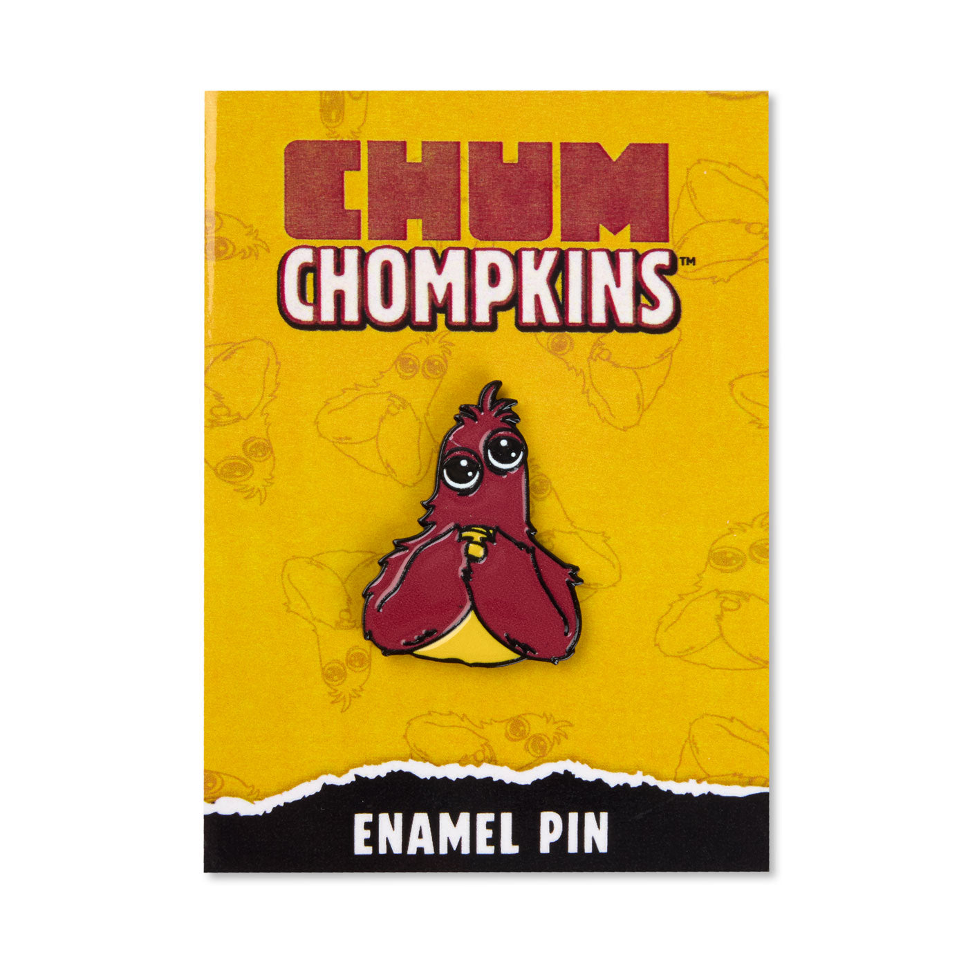 A Chum Chompkins enamel pin shown on its yellow packaging card, and the text 'CHUM CHOMPKINS' and 'ENAMEL PIN'.