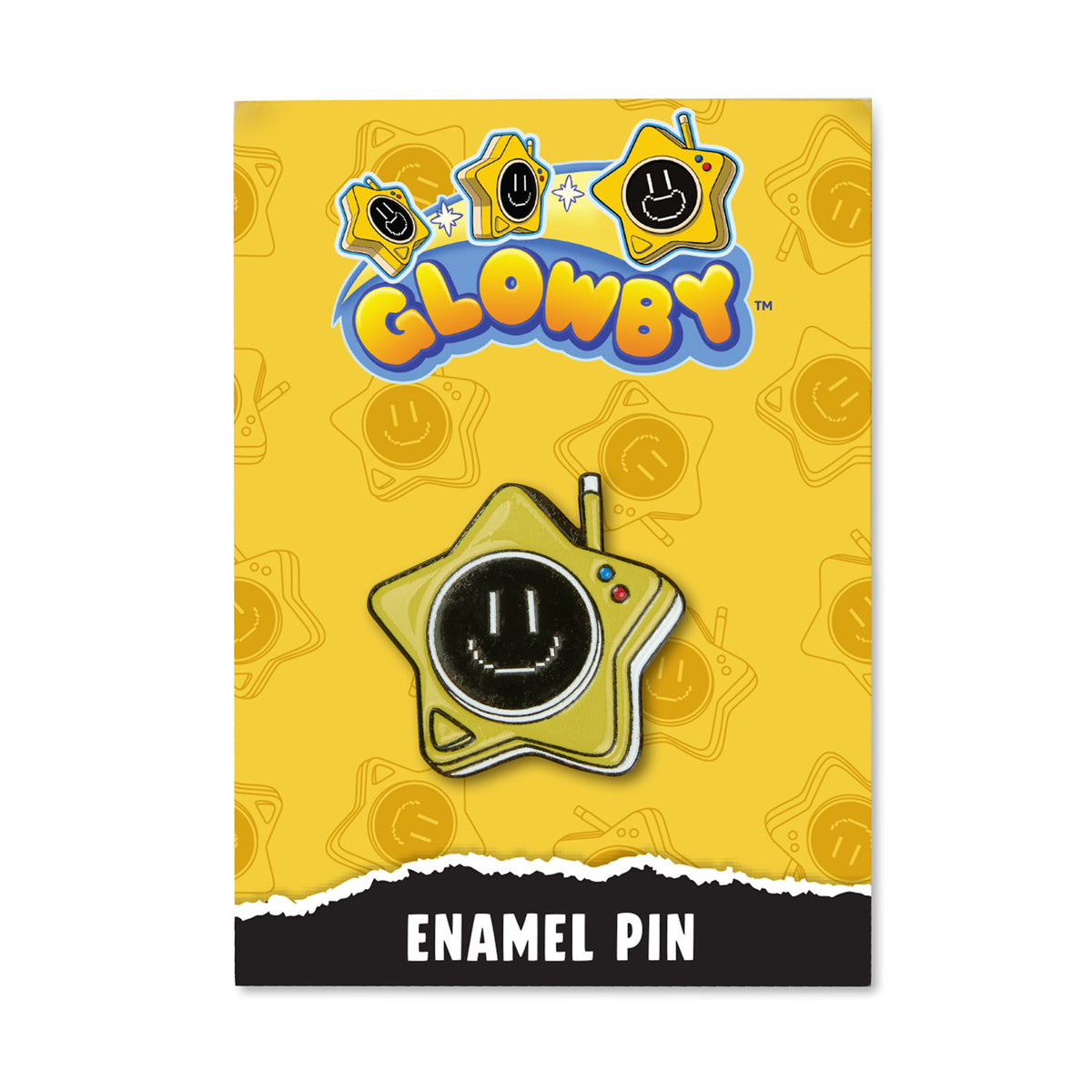A yellow Glowby enamel pin card featuring a star-shaped pin with a black smiley face. The card has the Glowby logo at the top and at the bottom that reads 'ENAMEL PIN'.