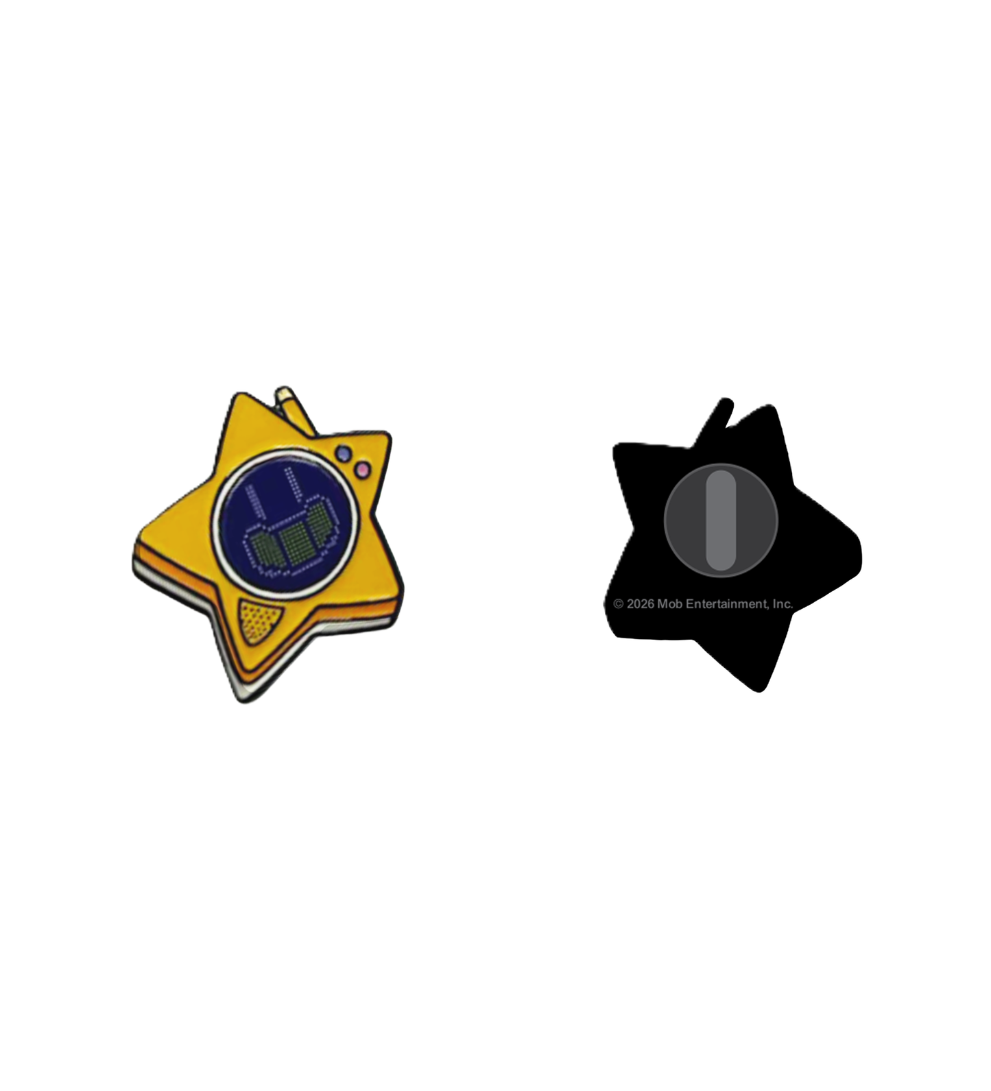 Glowby enamel pin a stylized star-shaped handheld electronic toy or game device with a yellow body, a blue circular screen area, and small colored buttons. With rubber pin backing.