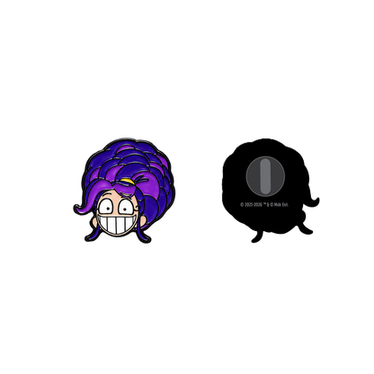A Lily Lovebraids enamel pin of a character with a large purple hairstyle, wide eyes, and a wide grin. with rubber pin backing.