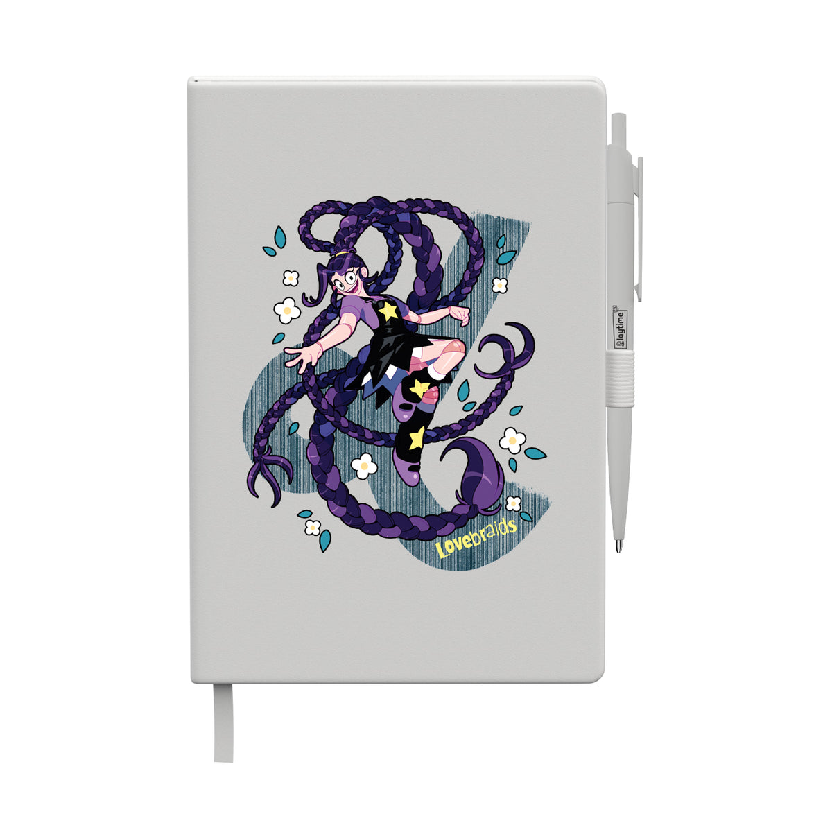 White journal with attached white pen featuring Lily Lovebraids and the text “Lovebraids” on the cover.