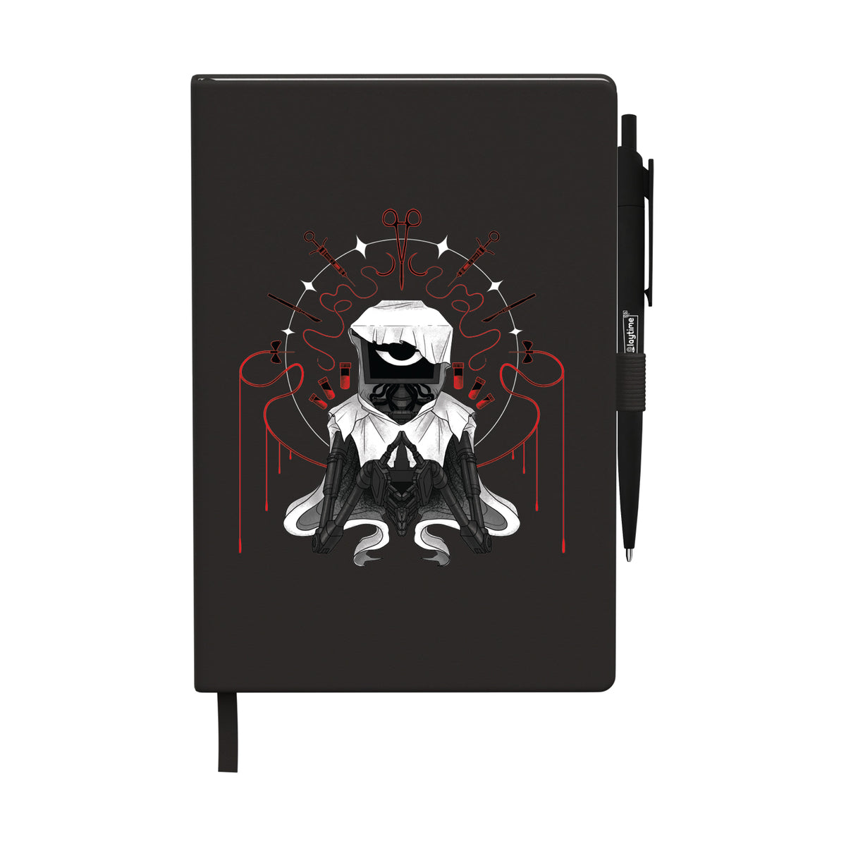 Black notebook with attached pen featuring a symmetrical illustration of The Doctor.