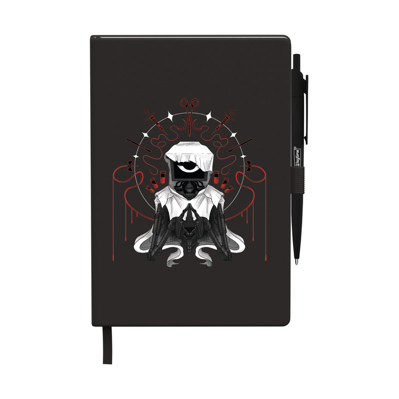 Black notebook with attached pen featuring a symmetrical illustration of The Doctor.