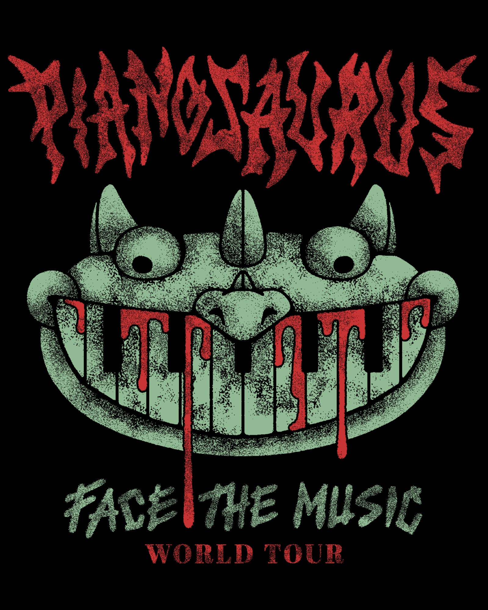 image on shirt: pianosaurus written in heavy metal font. pianosaurus head with blood dripping down keys. text: face the music world tour