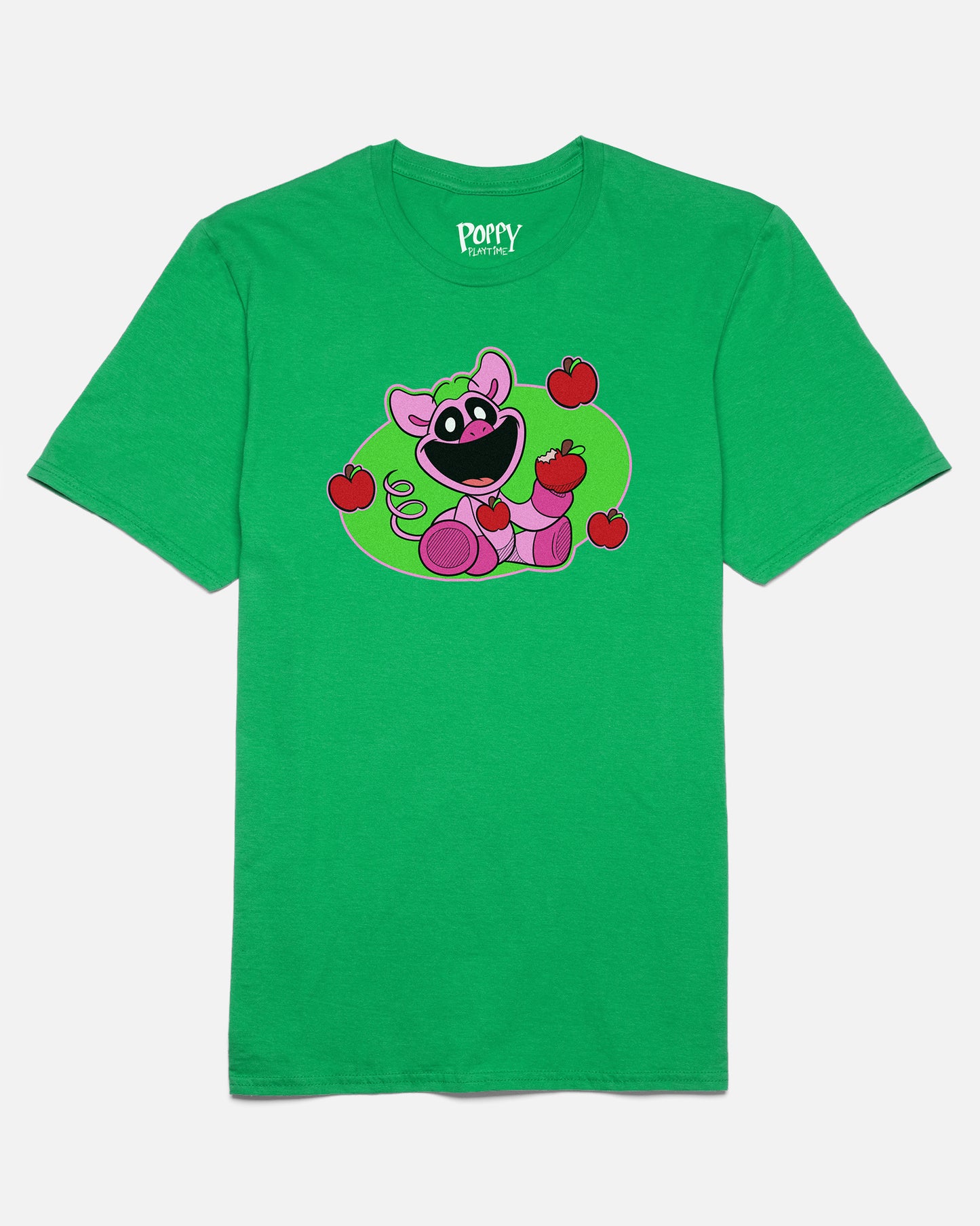 pickypiggy smiling critters tee. image: pig sitting down eating apple. wearing apple charm. apples around it.