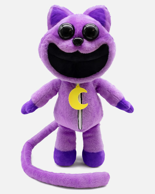 catnap plush. smiling cat plush with long tail and moon zipper.  standing.