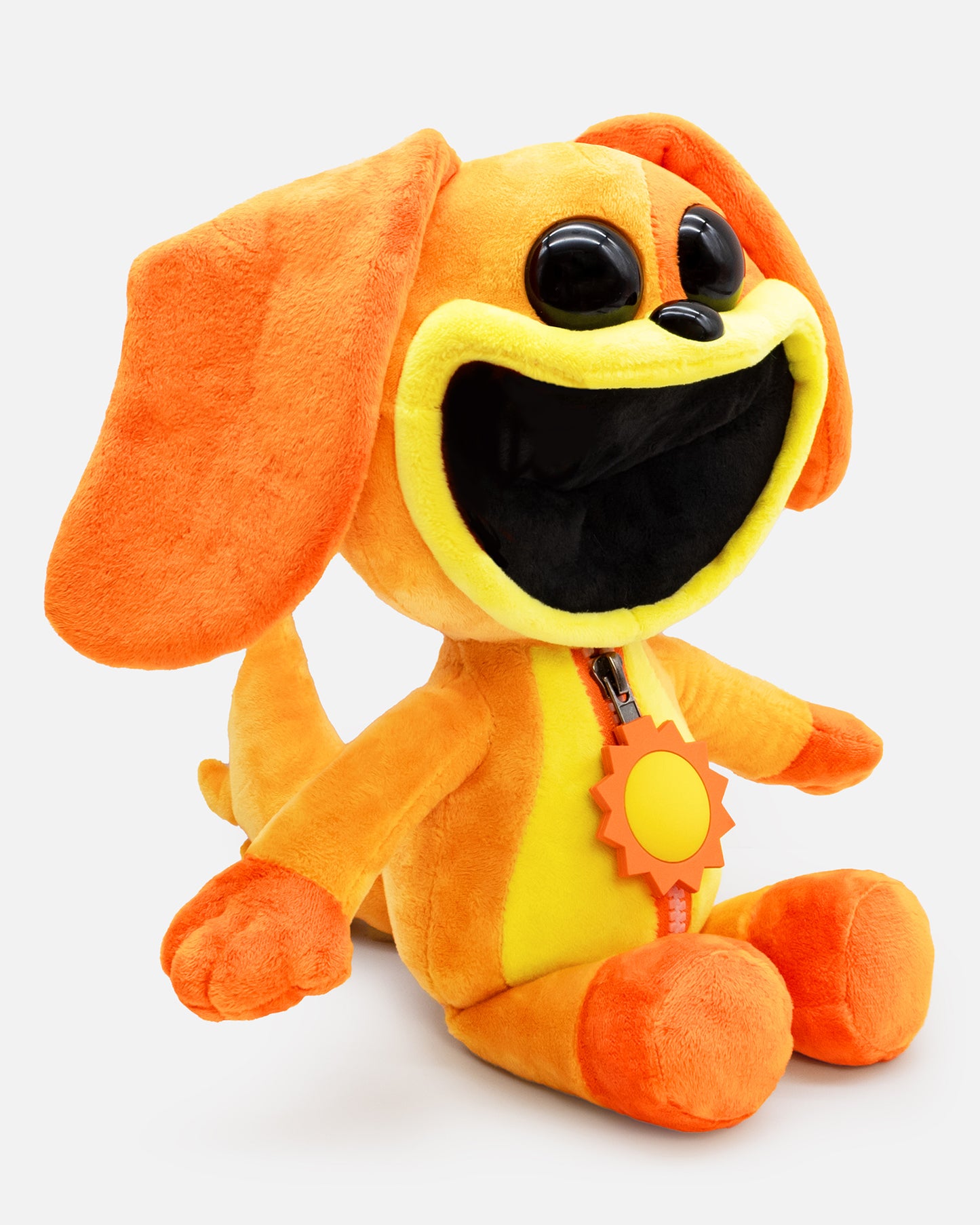 dogday plush. smiling dog plush with sun zipper. sitting facing right.