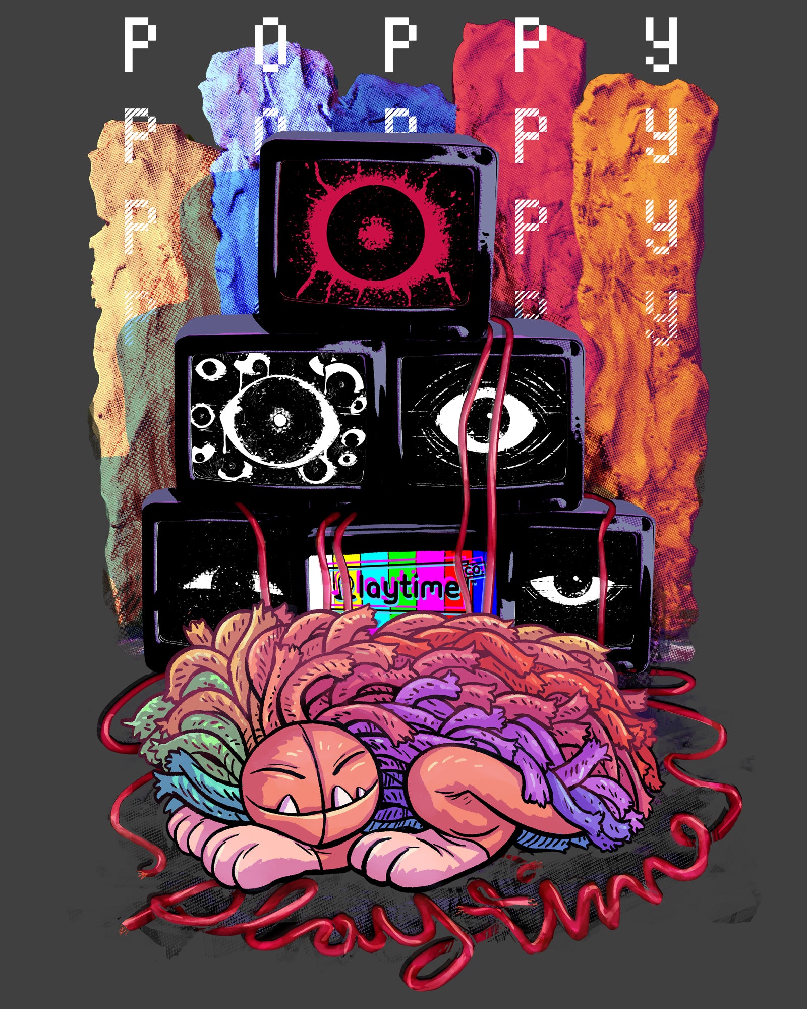 image on shirt: yarnaby sleeping on floor. tvs with eyes on them behind. text: poppy poppy poppy playtime co showtime