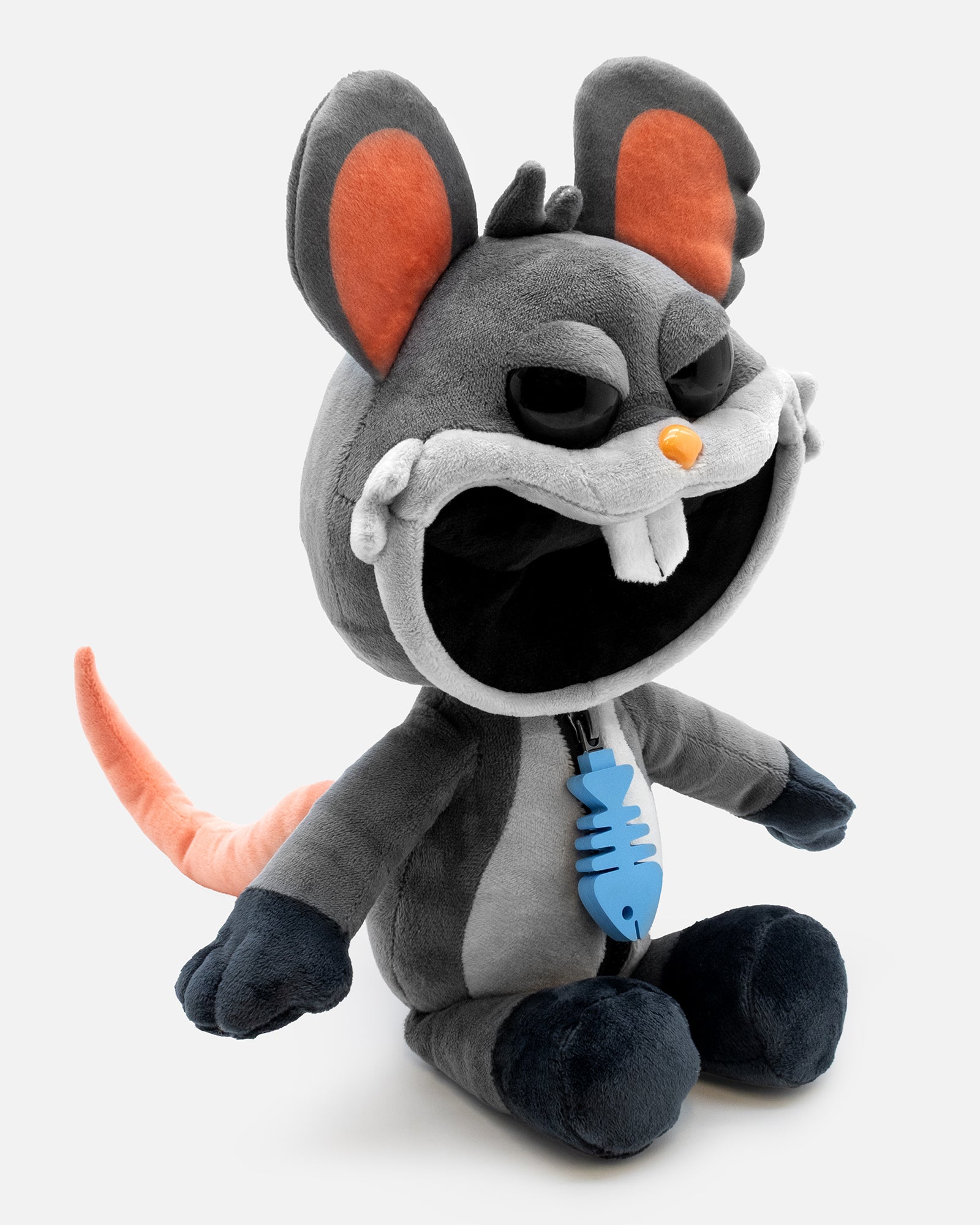 Plush toy resembling a cartoon character with a gray body, orange ears, and black shoes on a white background.
