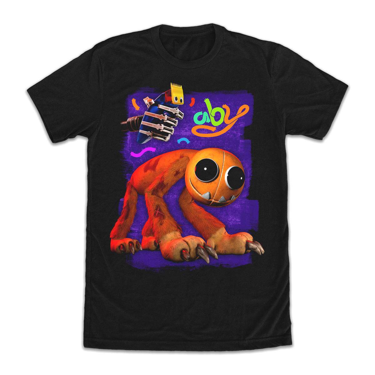 Black t-shirt with a colorful graphic of Yarnaby and the word 'aby'.