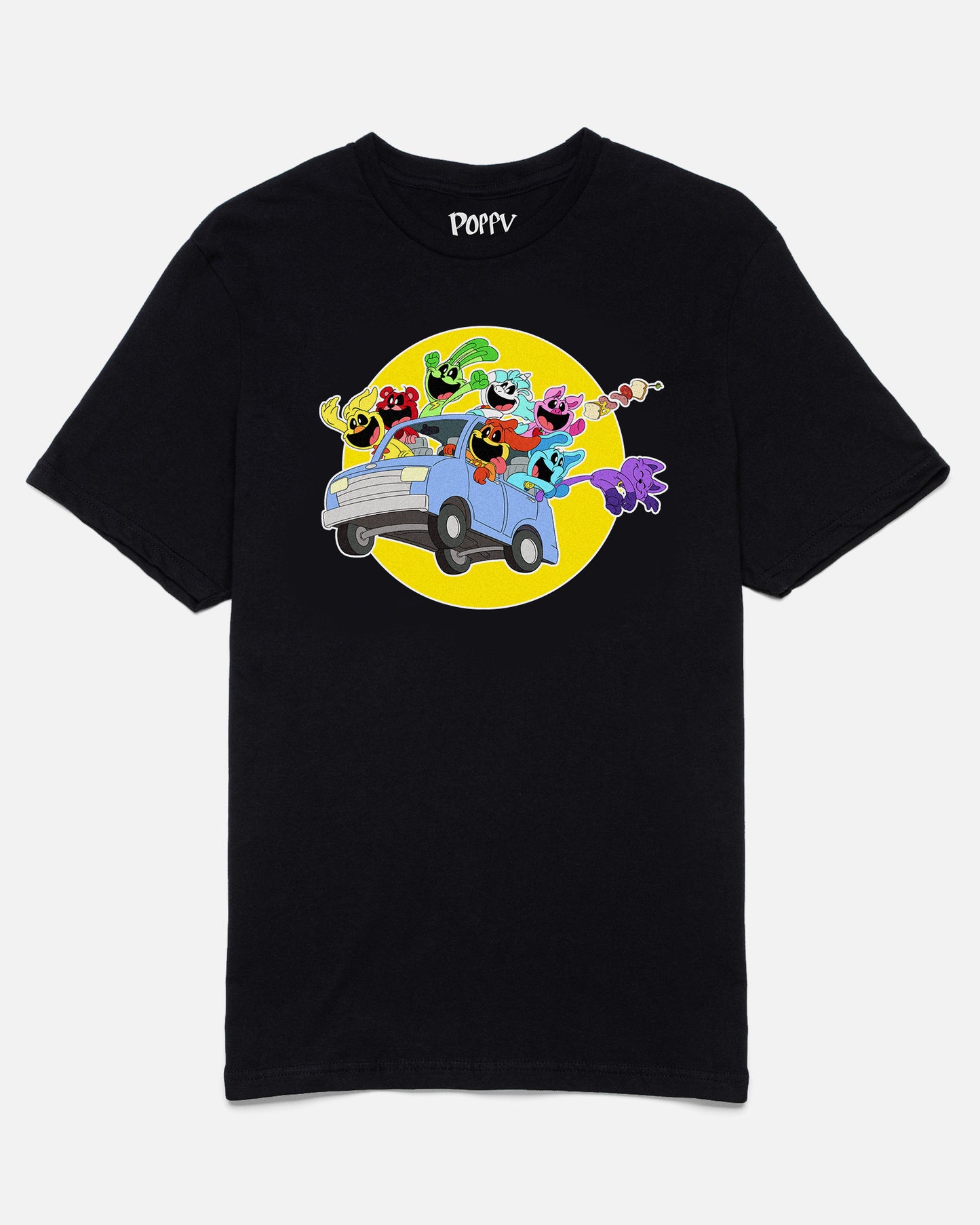 smiling critters tee. image: all the smiling critters in a car. kickinchicken, bobby bearhug, hoppy hopscotch, craftycorn, pickypiggy trying to catch a sandwich, bubba bubbaphant holding catnaps tail as he flys out the car, dogday driving.