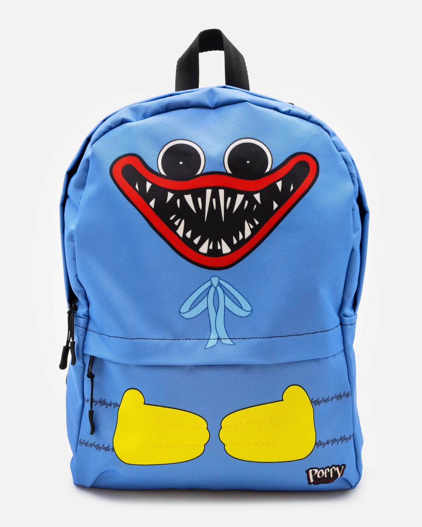boxy boo backpack front. image on top portion: plhuggy wuggy face backpack. image on top portion: huggy wuggy's evil smiling face with bow. image on bottom portion: huggy wuggy's arms and hands. text: poppy playtime