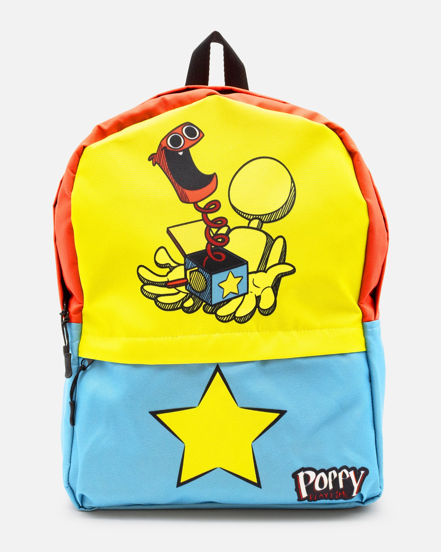 boxy boo backpack front. image on top portion: player character holding boxy boo toy. image on bottom portion: star. text: poppy playtime