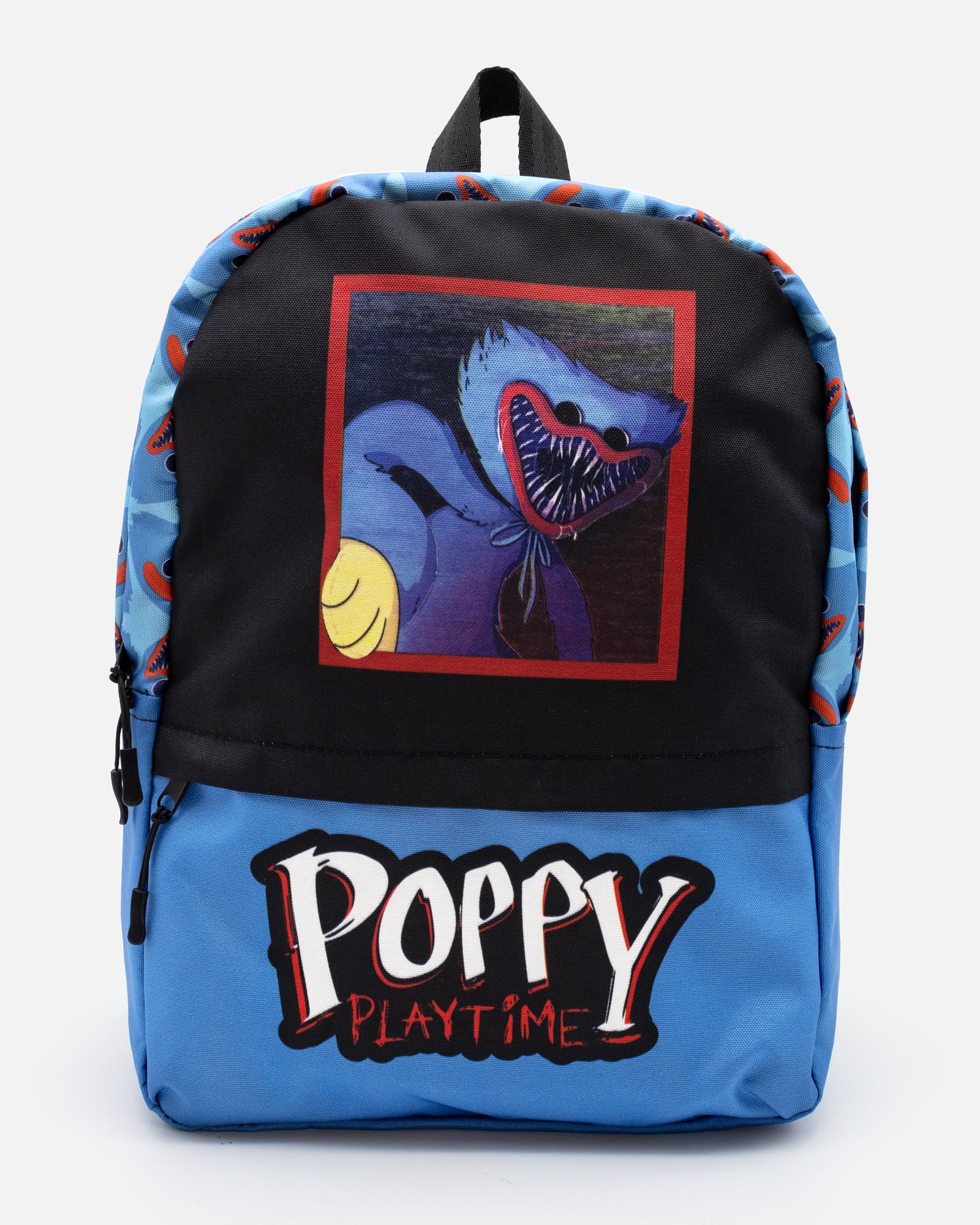 huggy wuggy attack backpack front. image on top portion: player character holding boxy boo toy. image on bottom portion: poppy playtime logo. repeating all over huggy face pattern on outer top lining