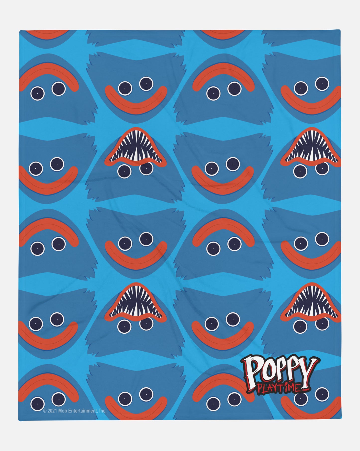 huggy wuggy pattern blanket. image: repeating pattern of huggy wuggy evil and smiling face text: poppy playtime