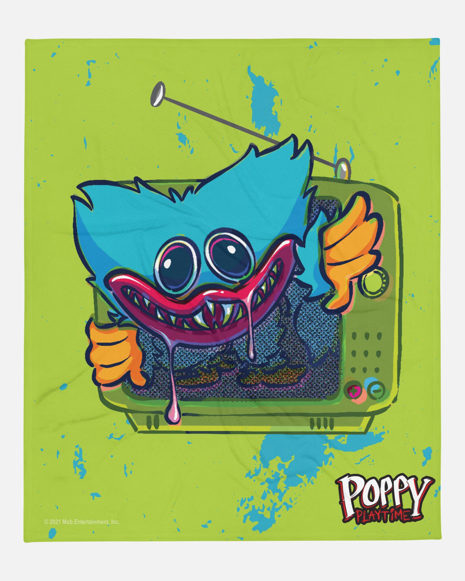 huggy wuggy tv blanket. image: evil huggy wuggy coming out of old tv set. text: poppy playtime