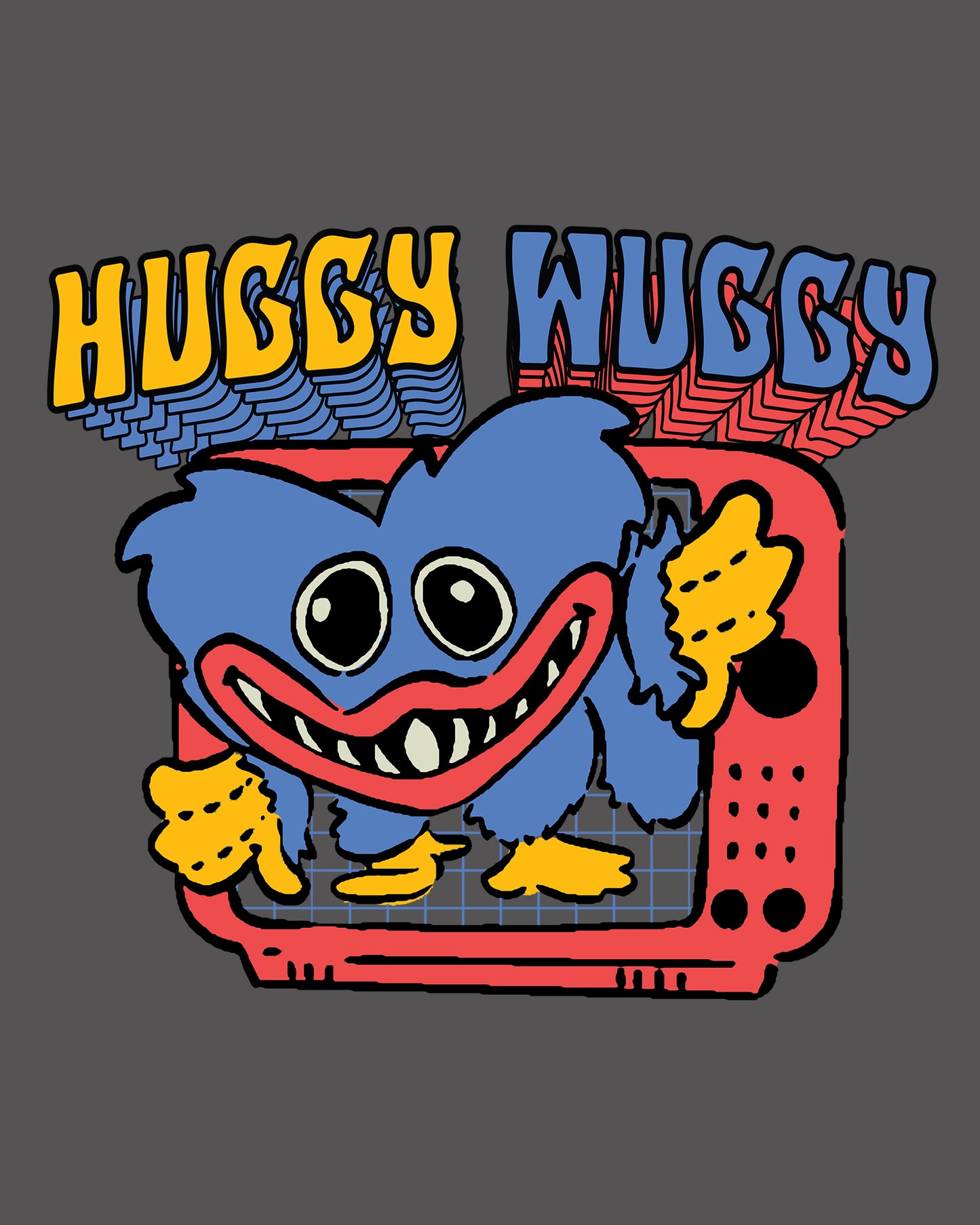 image on shirt: evil huggy wuggy coming out of tv set. text: huggy wuggy.