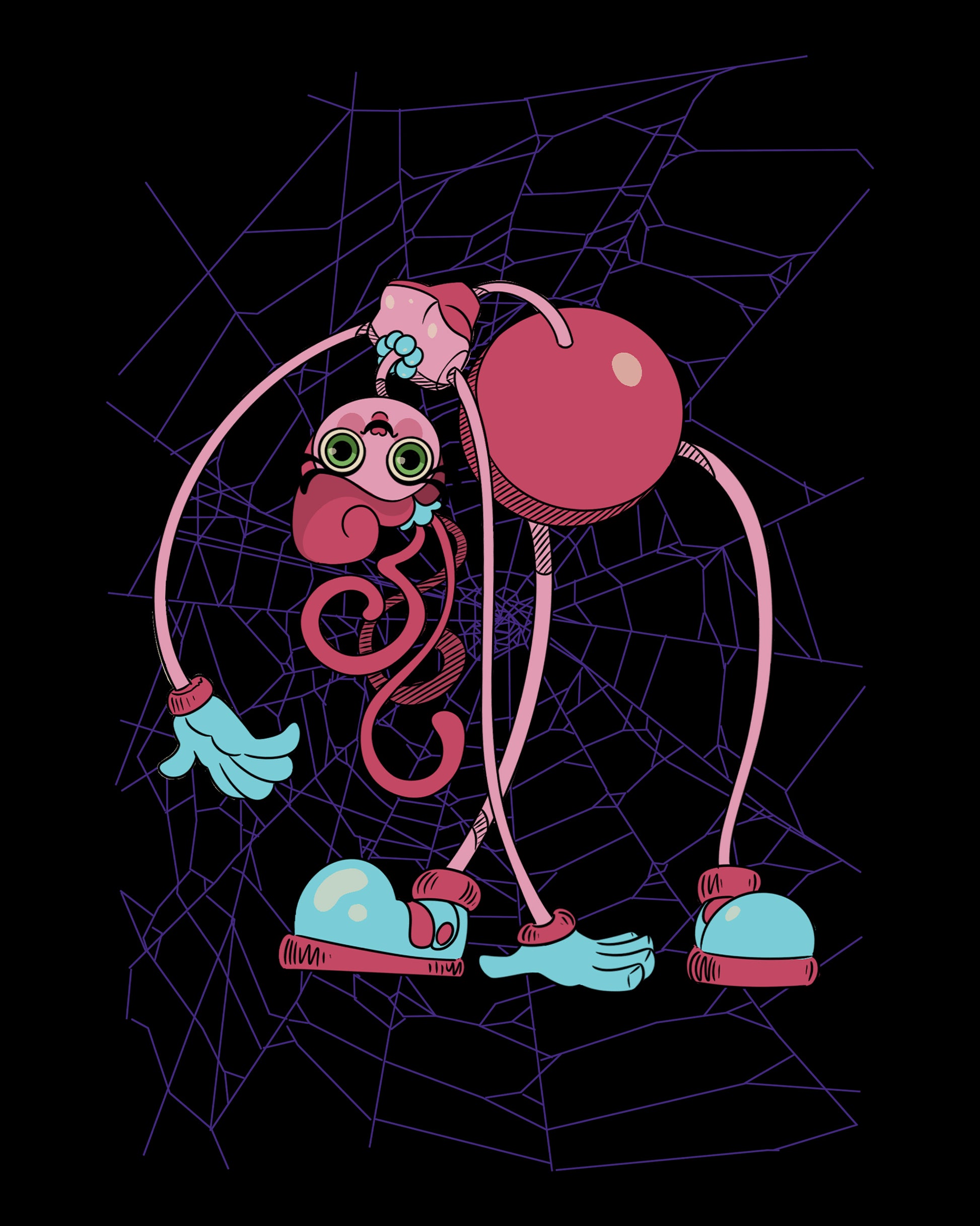 image on shirt: mommy longlegsl turned upside down with spider web background