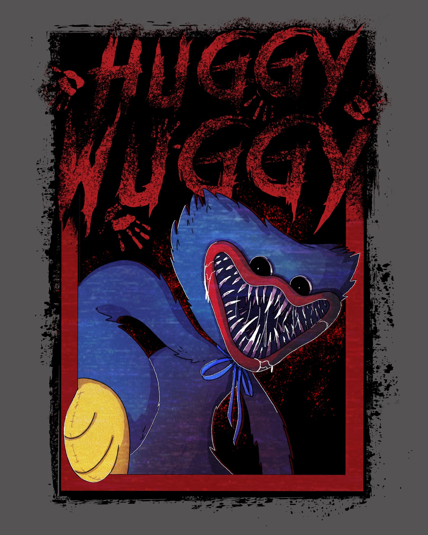image on shirt: huggy wuggy crawling out to attack. text: huggy wuggy