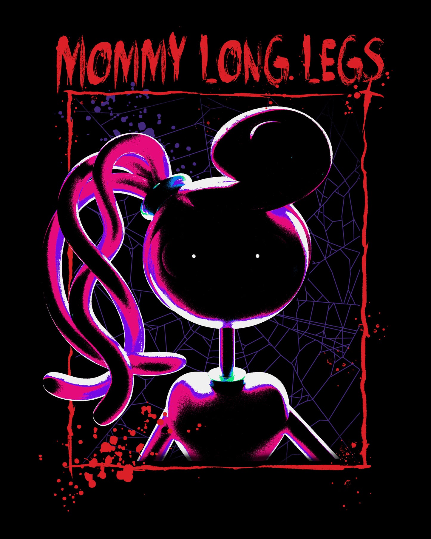 image on shirt: mommy longlegs face dark to see only white dots. background is spiderwebs. text: mommy longlegs