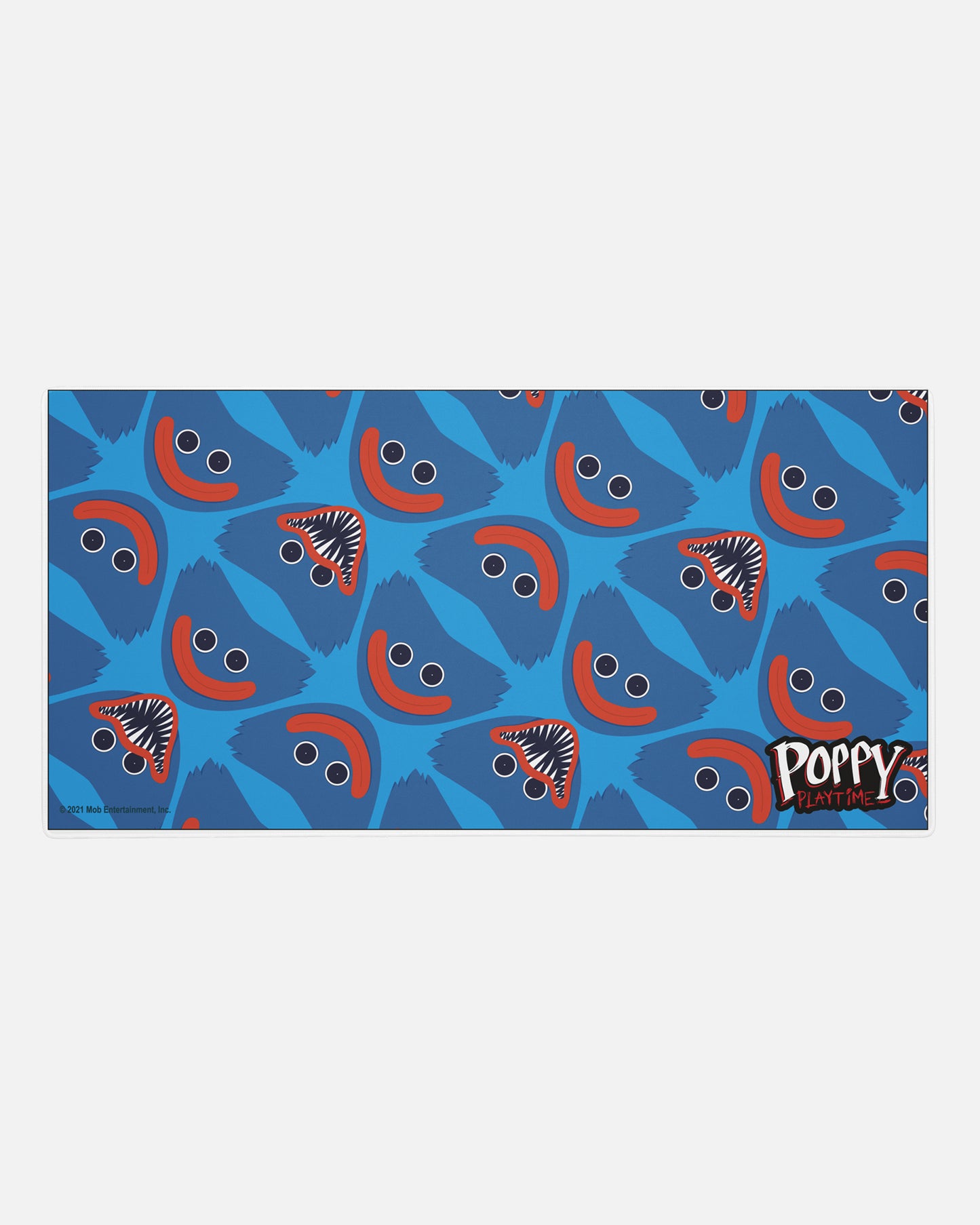 huggy wuggy gamer mousepad. image: repeating pattern of evil and good huggy faces. text: poppy playtime