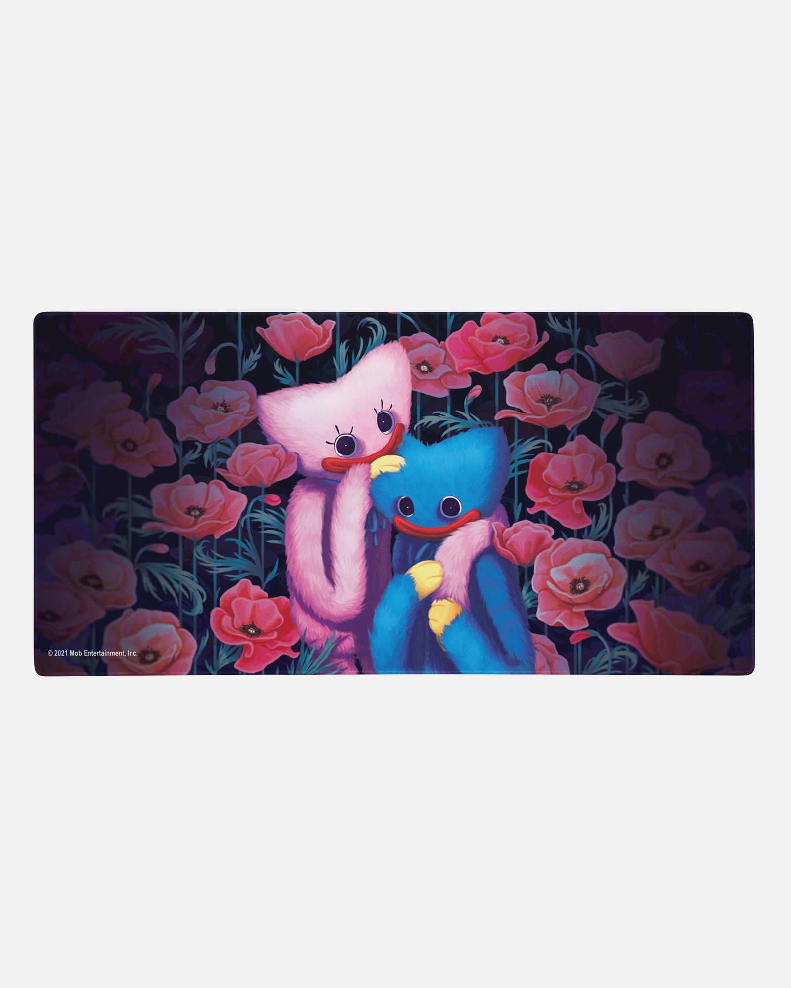 kissy missy huggy wuggy gamer mousepad. image: kissy missy and huggy wuggy holding each other in a field of poppy flowers