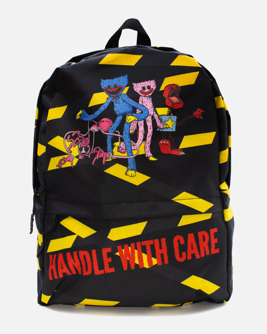 handle with care backpack front. image on top portion: mommy long legs, huggy wuggy, kissy missy, and boxy boo. caution tape pattern background. text on bottom portion: handle with care.