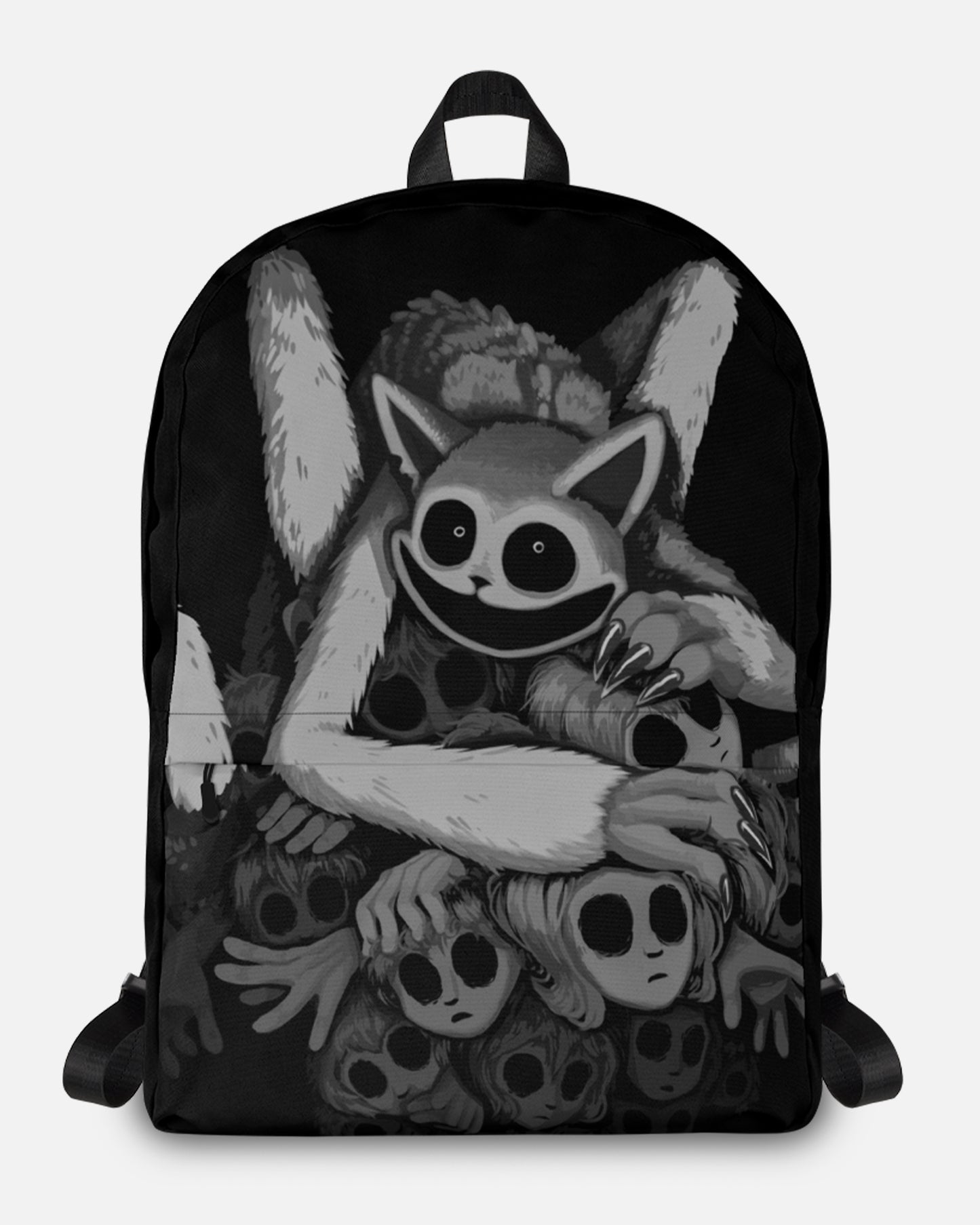 monster catnap kids faces backpack. image on backpack top: monster catnap sitting on pile of girl and boy kids faces with their hands reaching out. their eyes are empty. kids faces on are on bottom pocket of backpack.