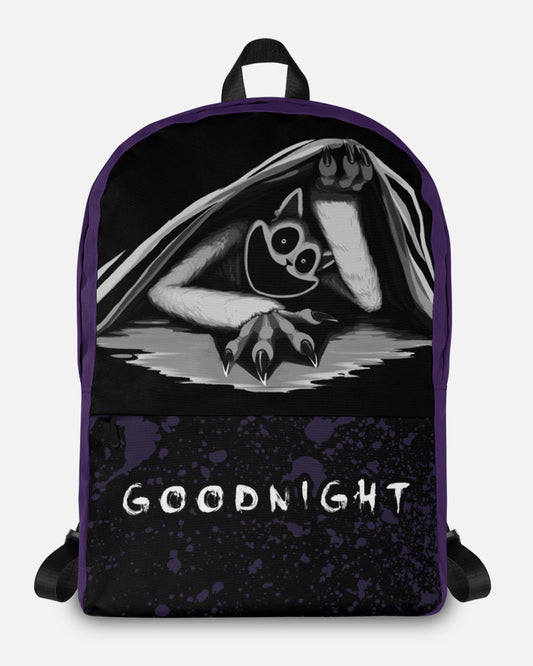 monster catnap good night backpack front. image on top portion: monster catnap coming out from under blanket covers. image on bottom portion: splatter. text: good night