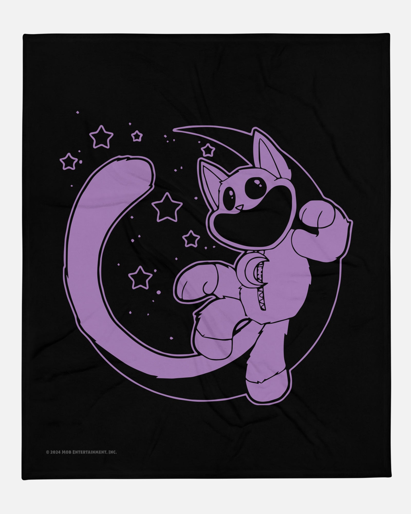 catnap moon black throw blanket. image: catnap sitting on moon with stars in backgrond.