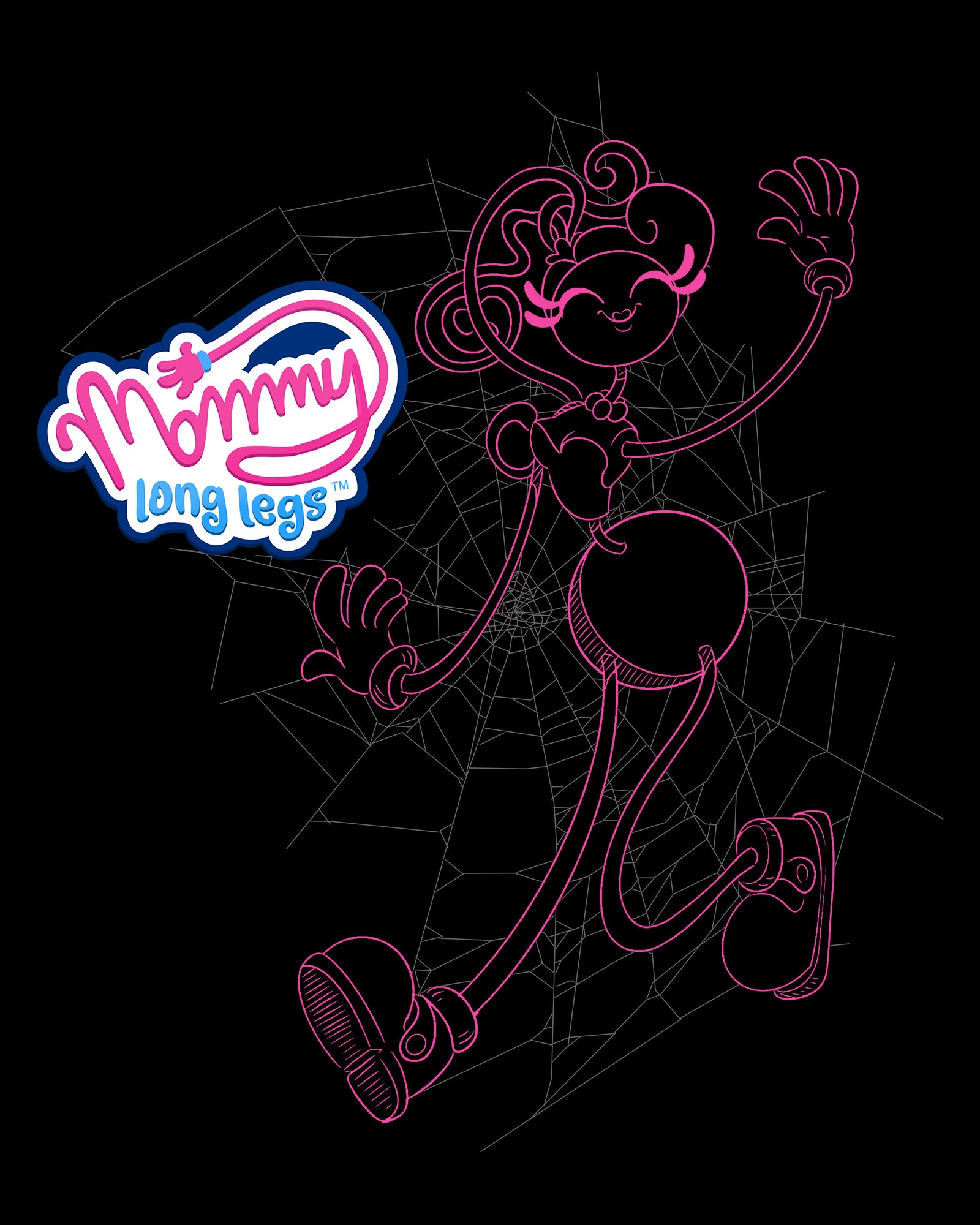 image on shirt: mommy long legs smiling walking and waving. spider web design behind her. logo. text: mommy long legs