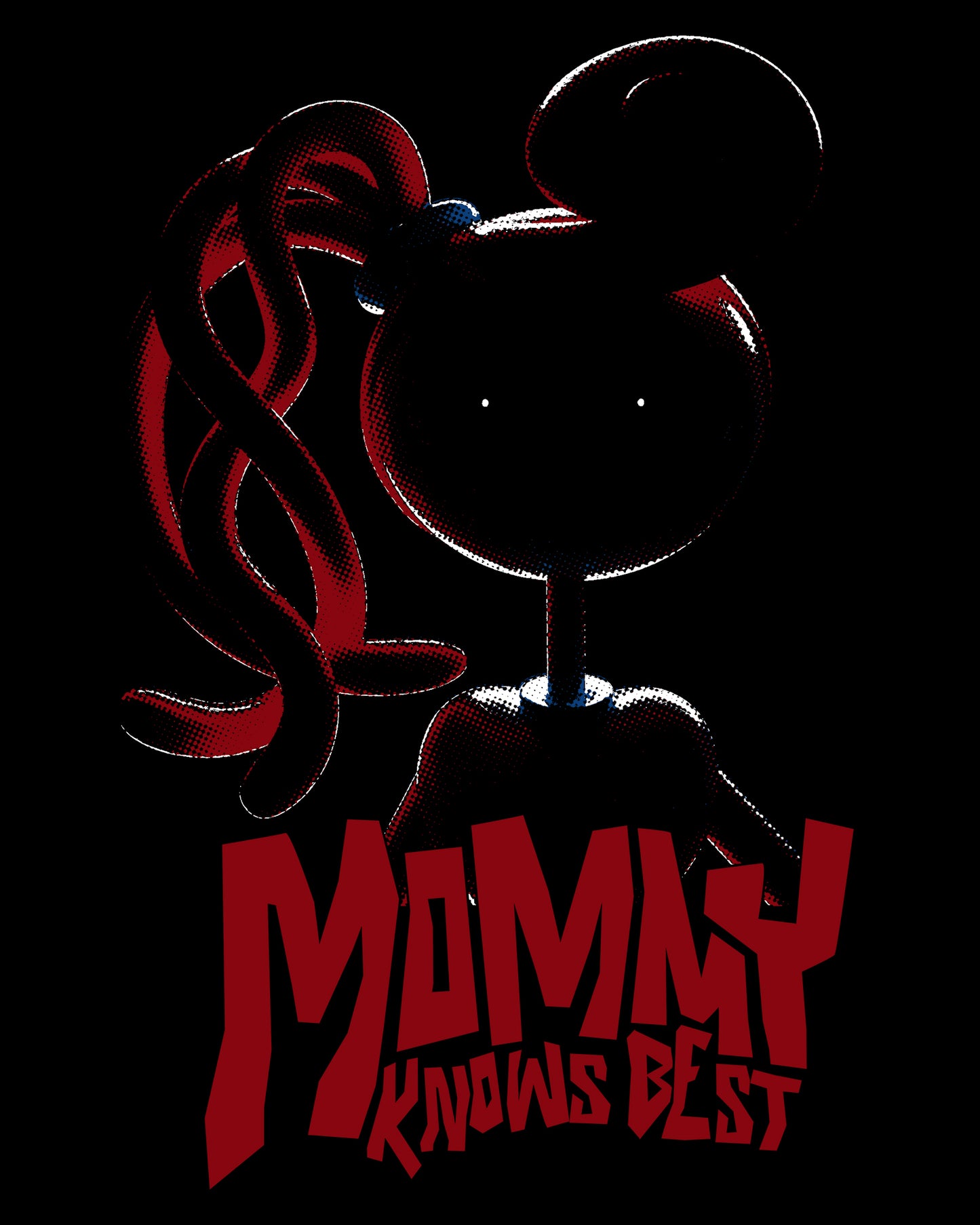 image on shirt: mommy long legs darkened, except for eyes. text: mommy knows best