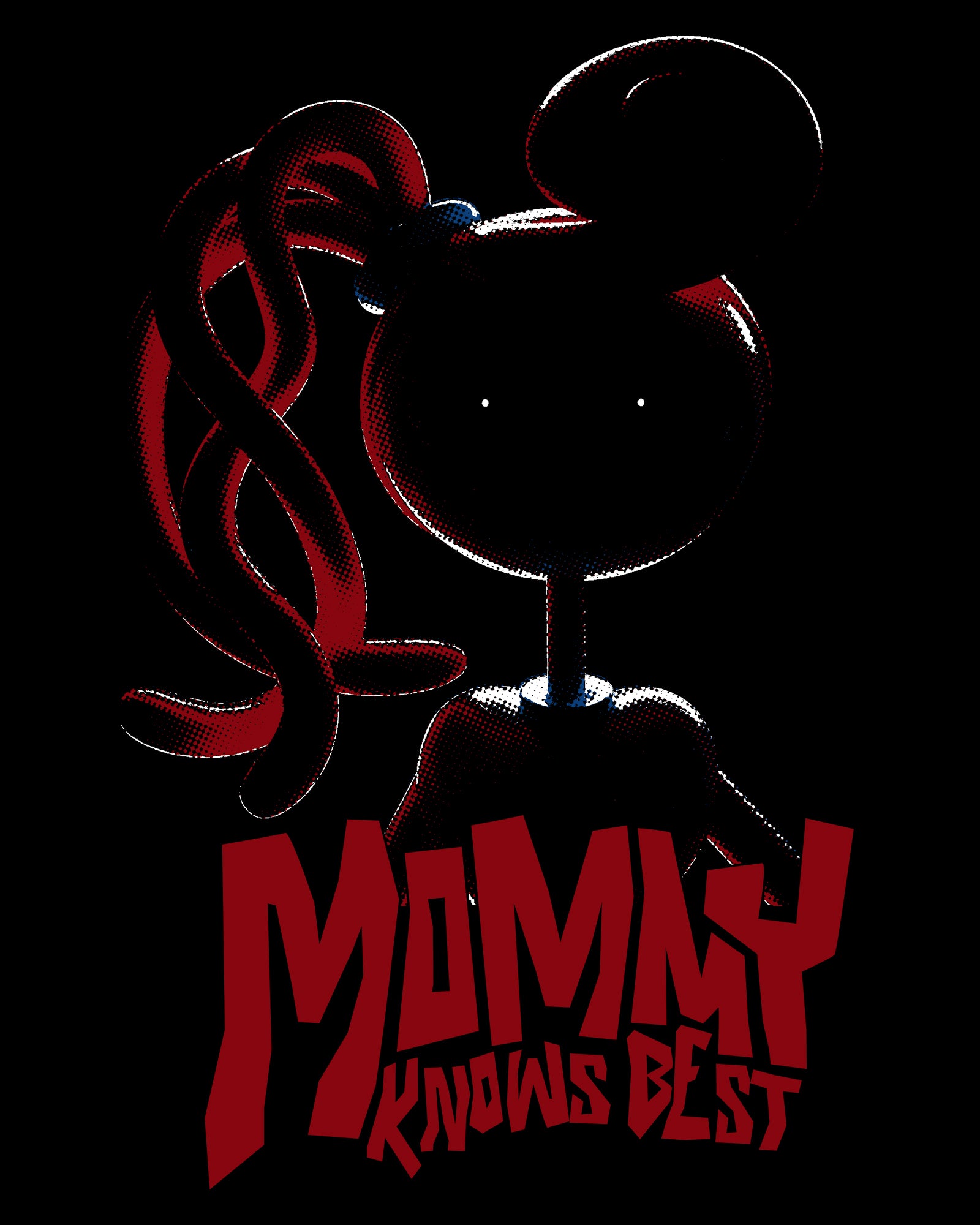 image on shirt: mommy long legs darkened, except for eyes. text: mommy knows best