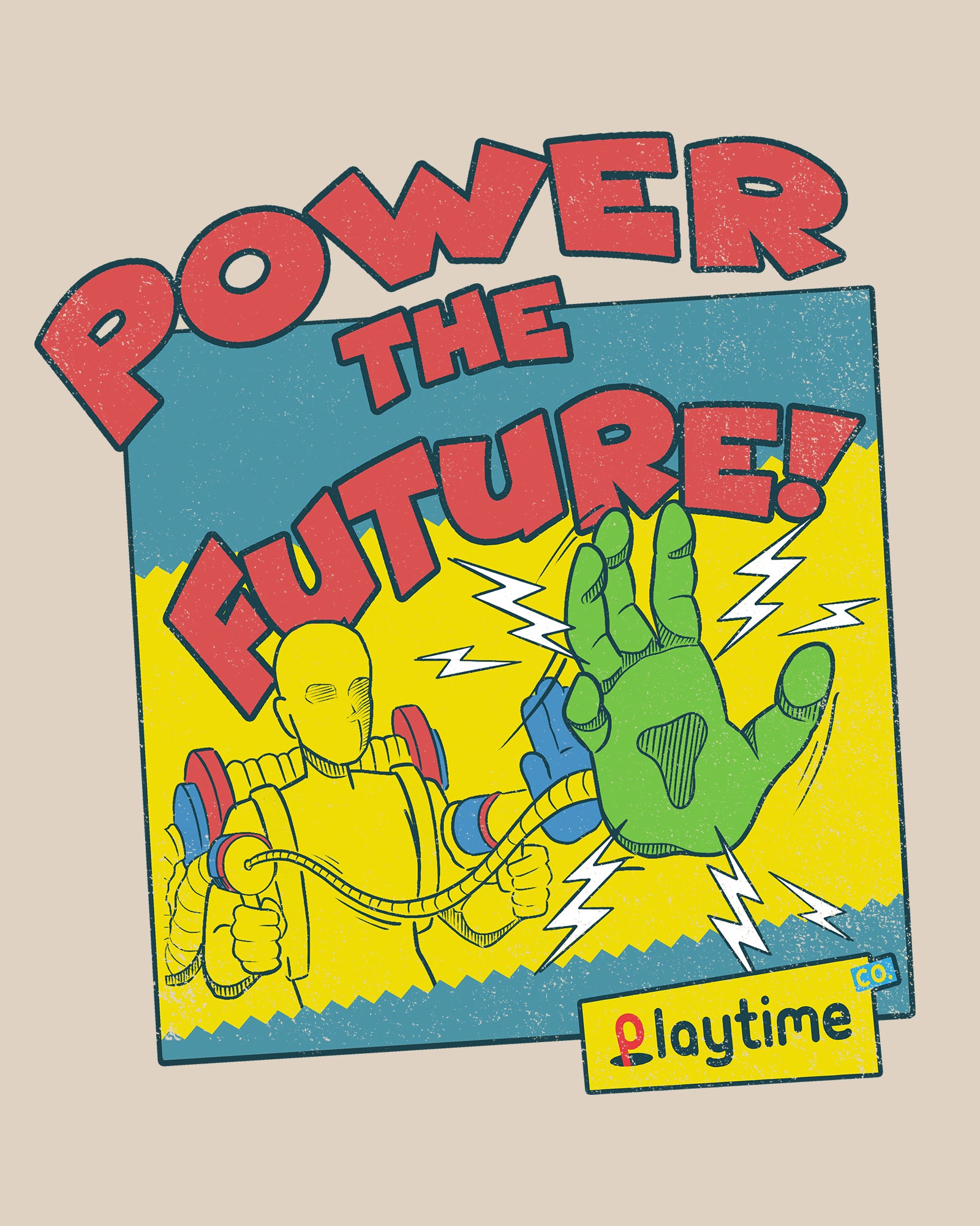 image on shirt: player avatar character using device to grab with right hand. text: power to the future playtime co.