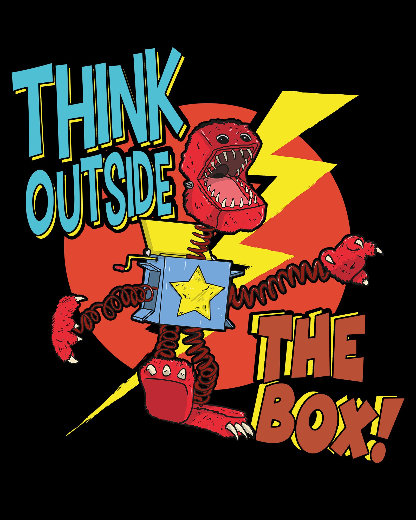 image on shirt: scary boxy boo with lightning bold behind it. text: think outside the box!
