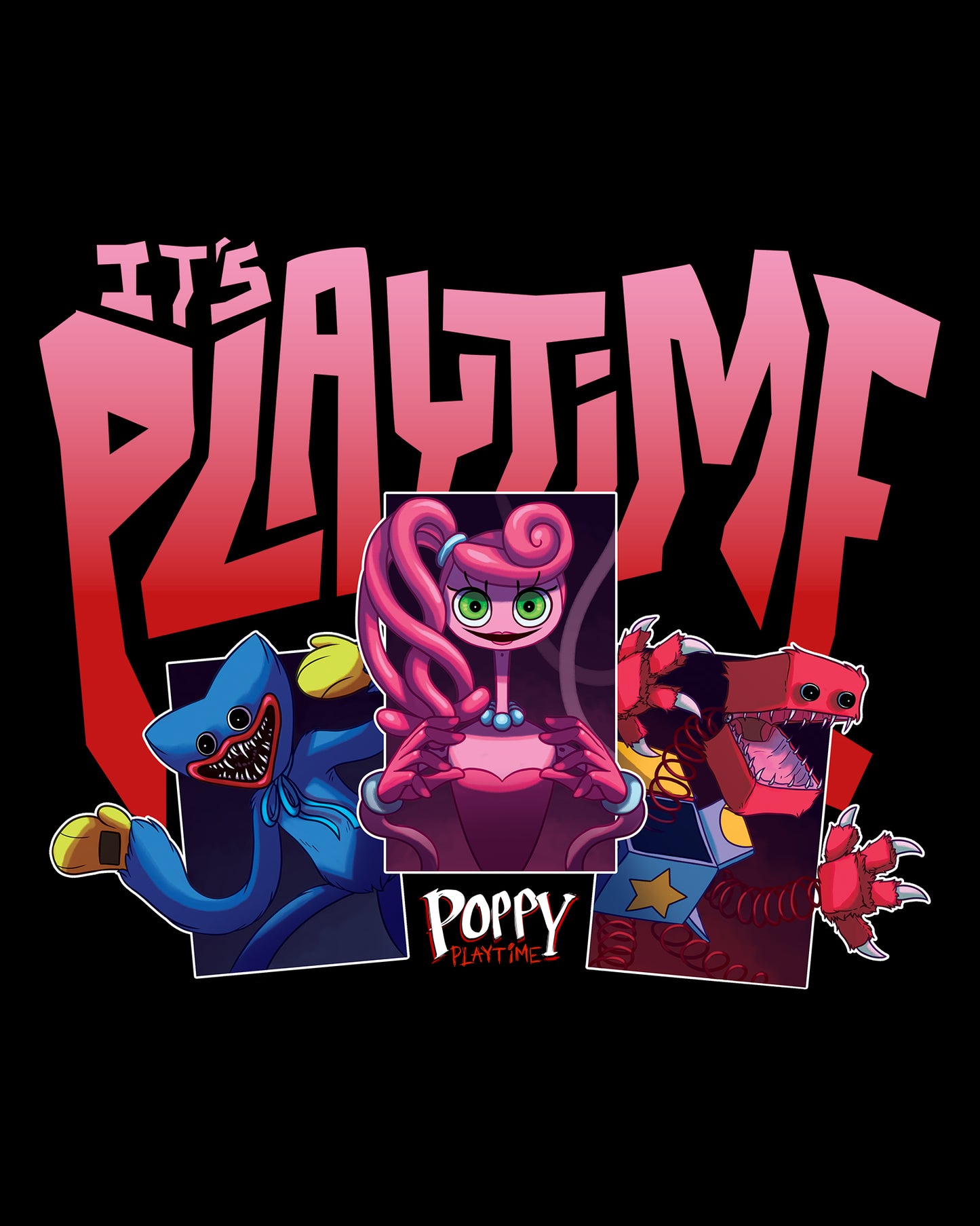 image on shirt: scary huggy wuggy, mommy long legs, and scary boxy boo. text: it's playtime poppy playtime.