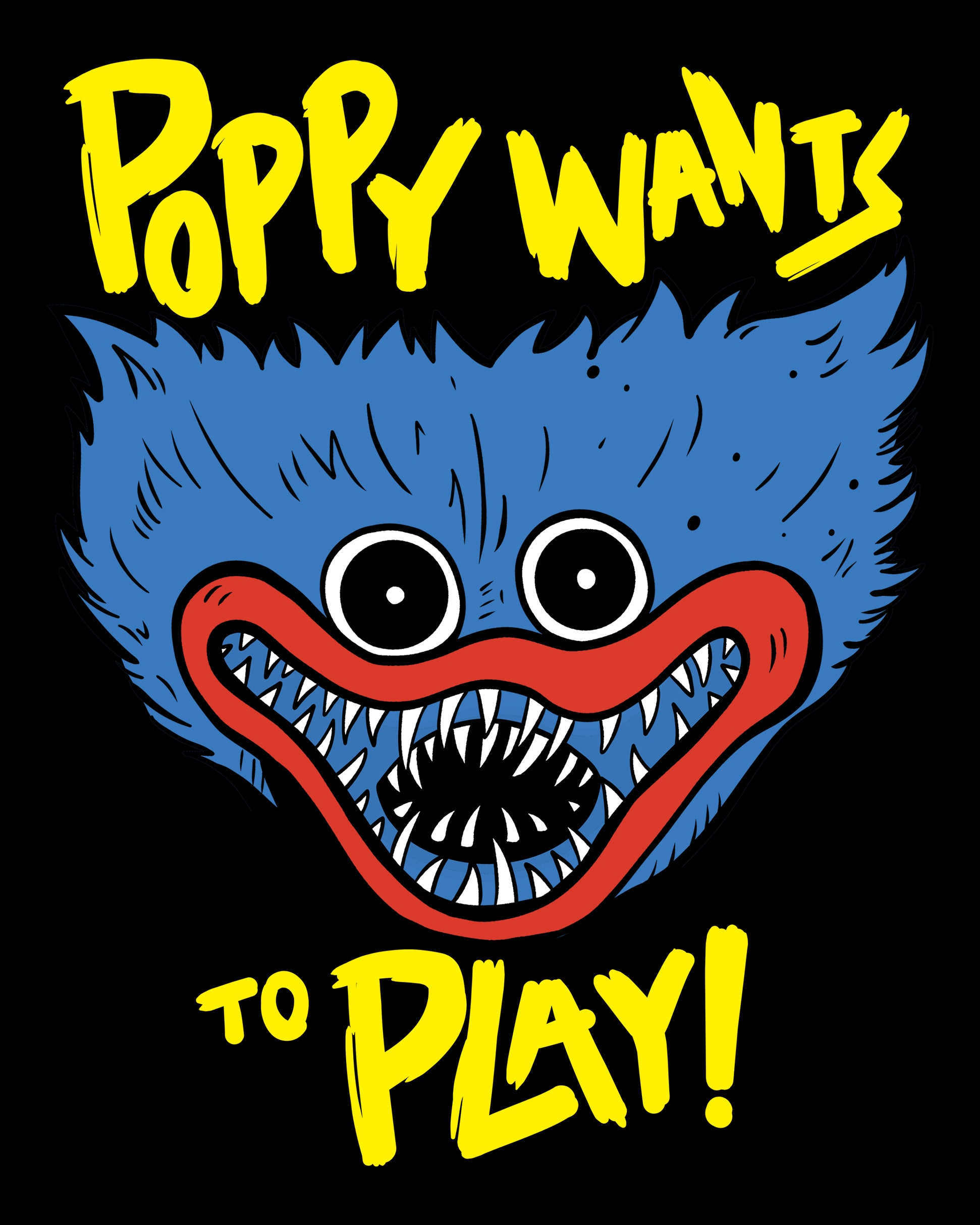 image on back of hoodie: scary huggy wuggy's face. text: poppy wants to play!