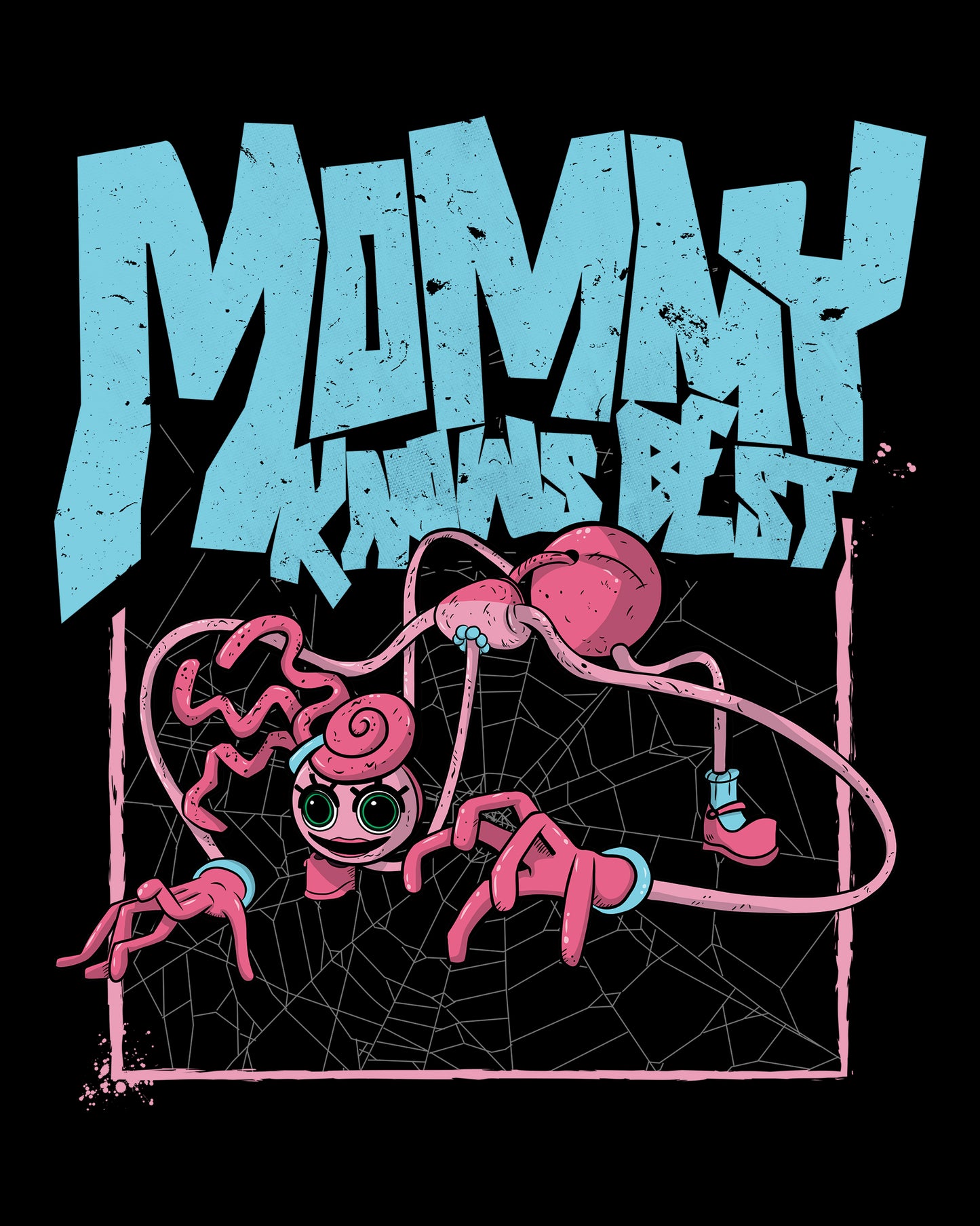 image on back of hoodie: scary mommy long legs crouched in front of spider web. text: mommy knows best