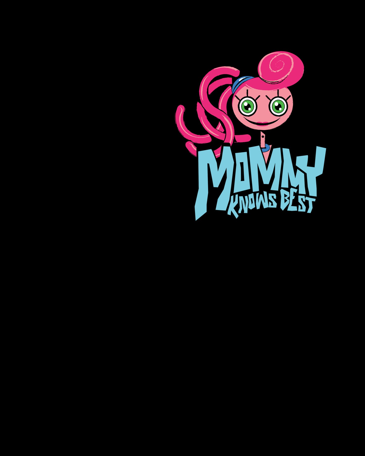 image on front of hoodie on pocket: mommy long legs smiling face. text: mommy knows best