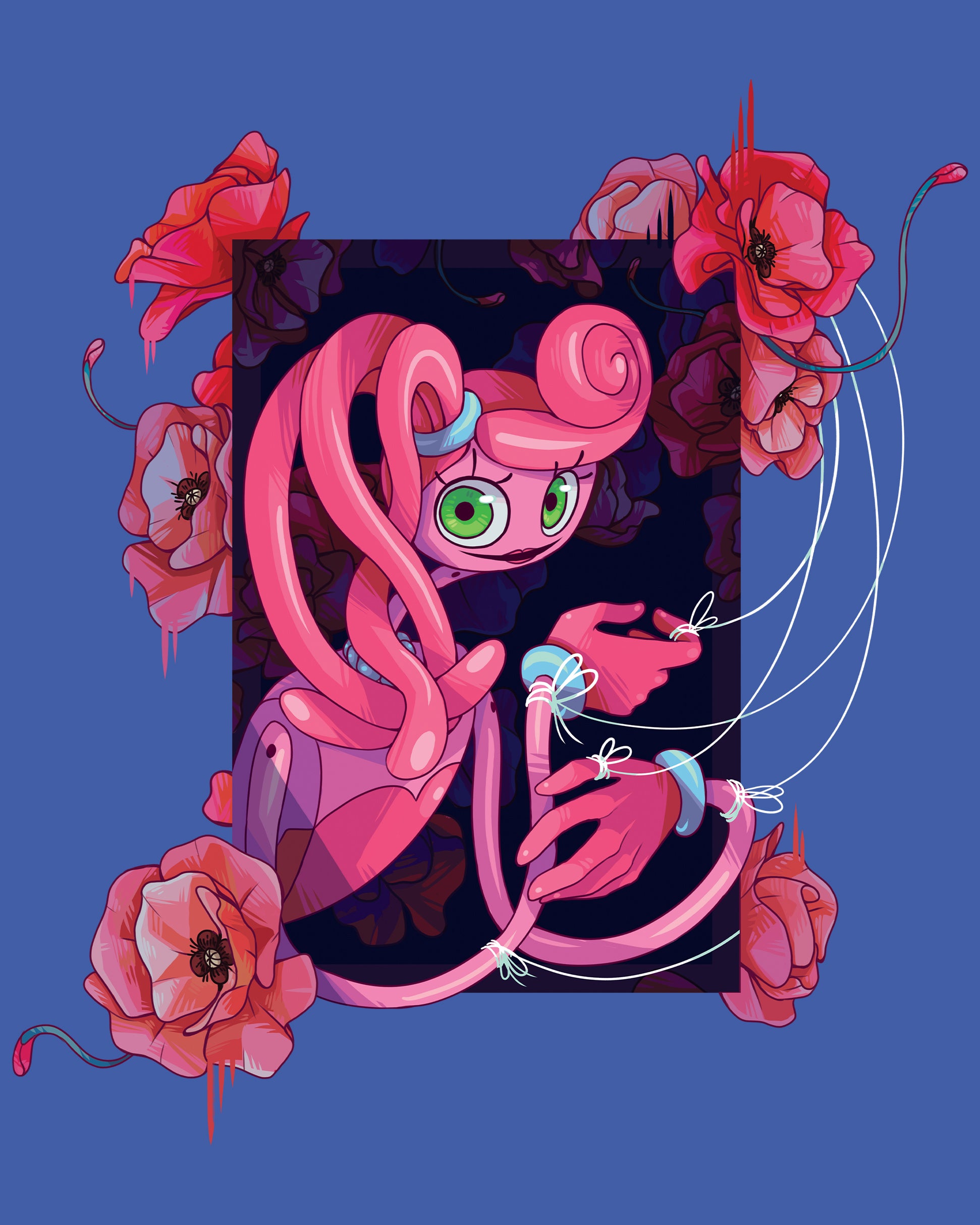 image on back of hoodie: mommy long legs in a square with string tied around 2 wrists and to fingers. poppy flowers around her.