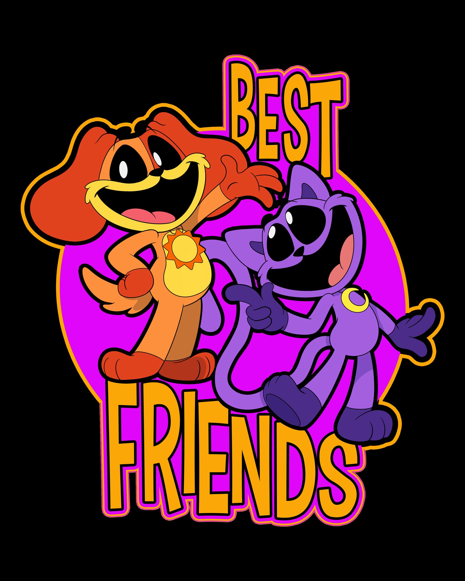 image on shirt: catnap and dogday standing smiling. text: best friends