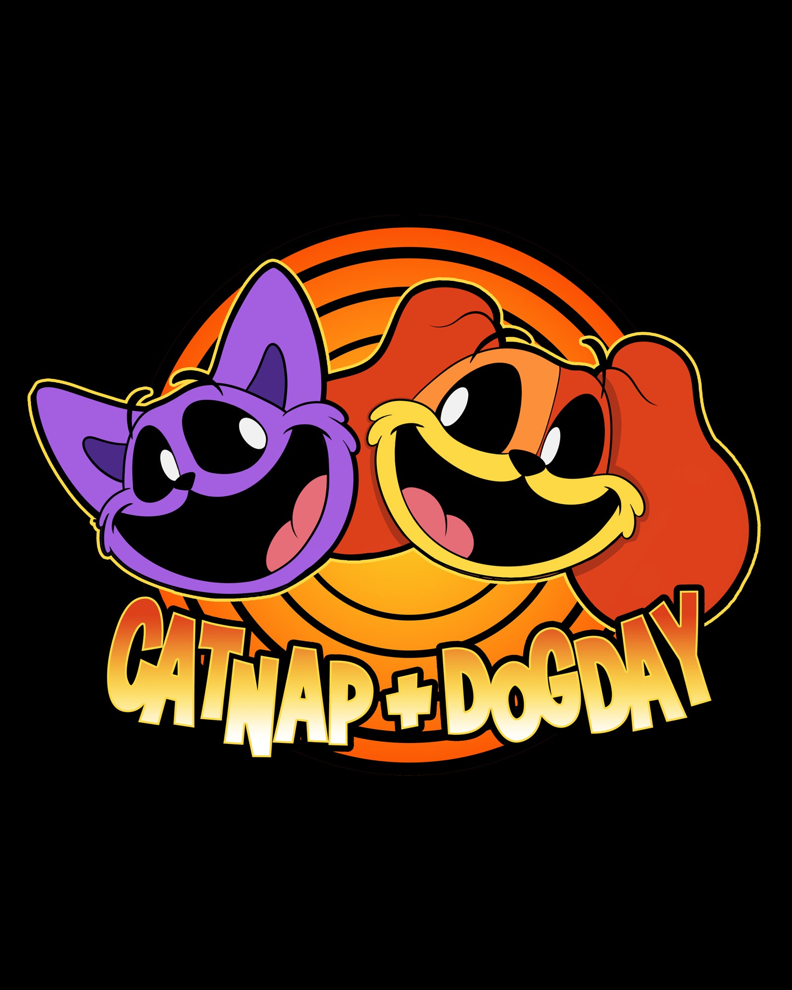 image on shirt: catnap and dogday's faces smiling. circles behind them. text: catnap + dogday