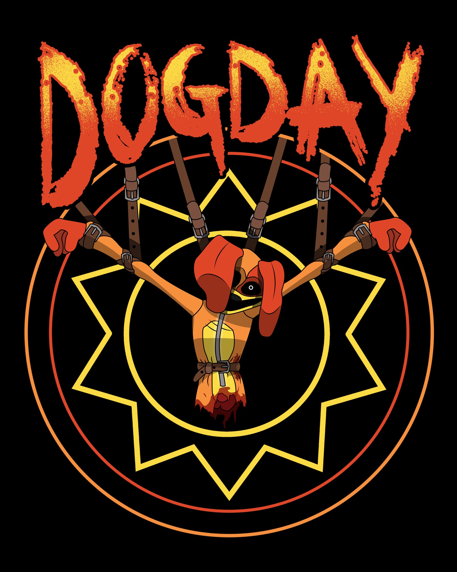 image on shirt: monster dogday strapped and hanging up. star symbol behind him. text: dogday