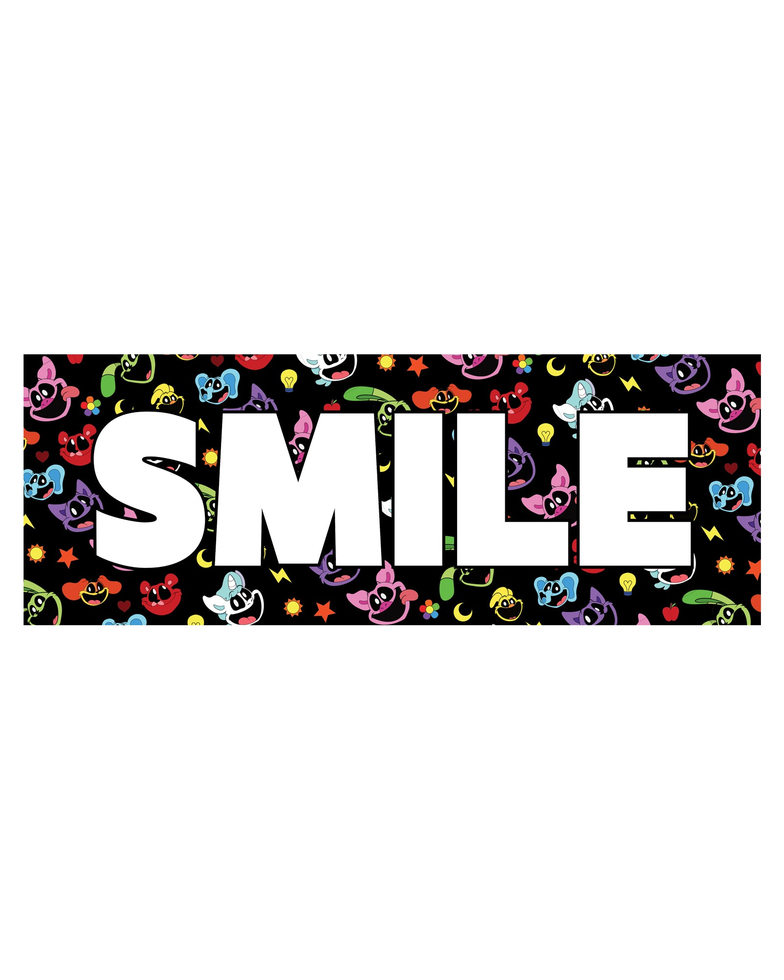 image on front: repeating pattern of smiling critters faces and charms. text: smile